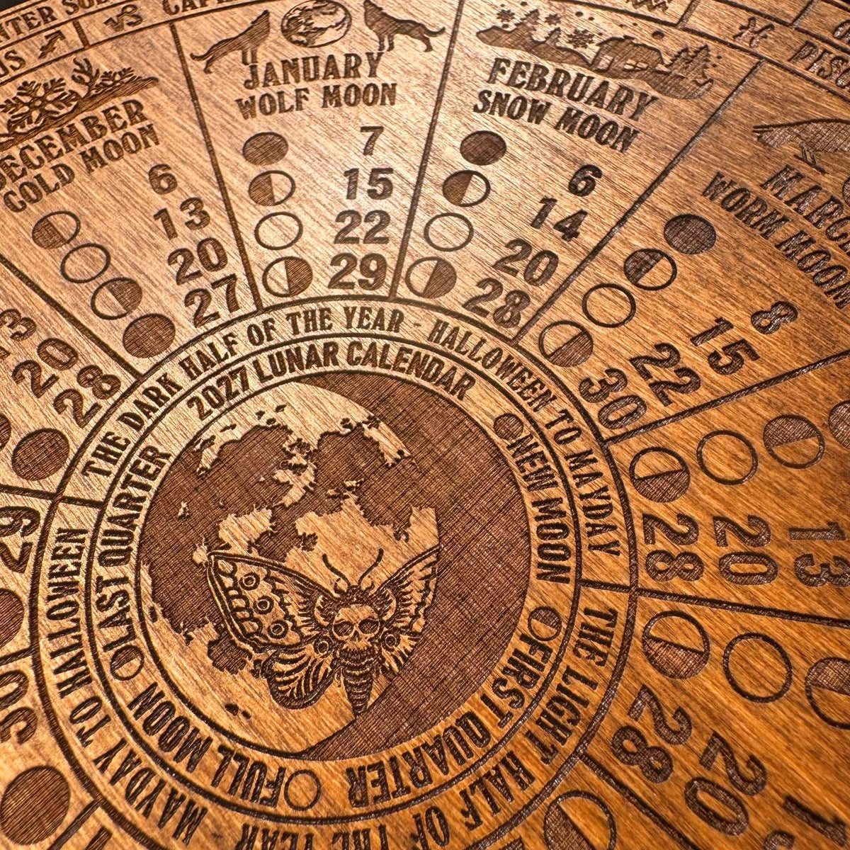2027 Lunar Moon Phase Calendar, Wooden Witch Altar Wheel with Zodiac and Sabbats
