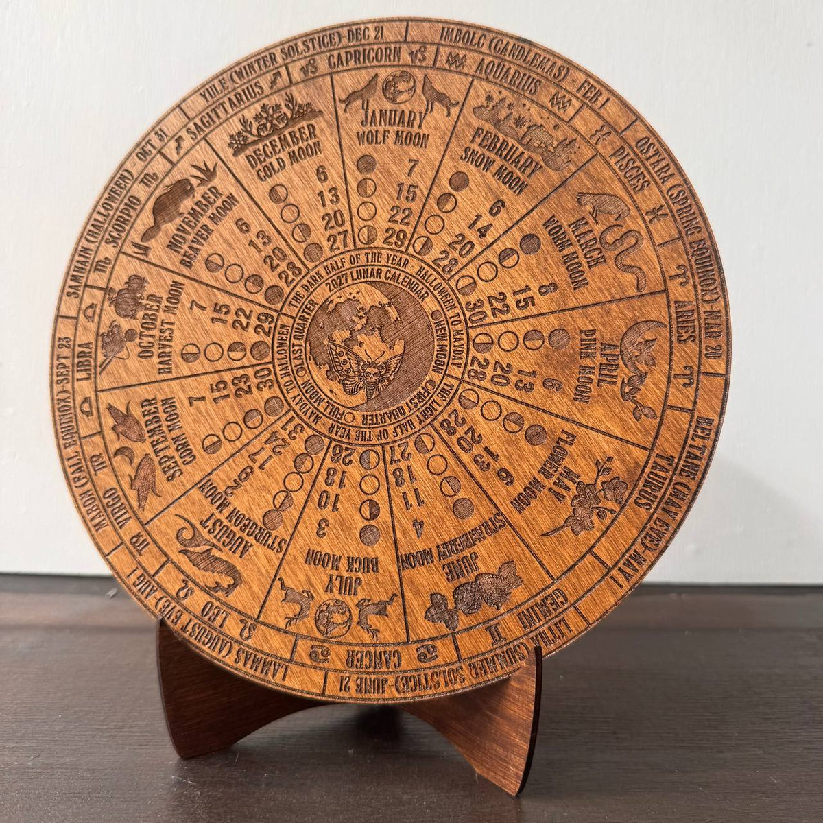 2027 Lunar Moon Phase Calendar, Wooden Witch Altar Wheel with Zodiac and Sabbats