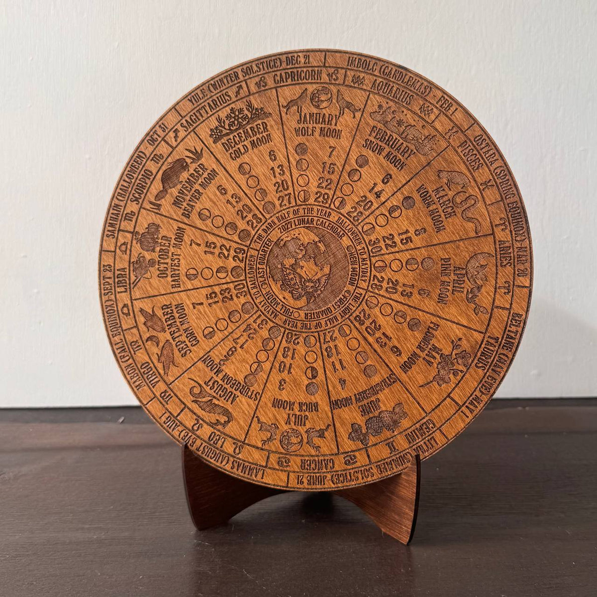 2027 Lunar Moon Phase Calendar, Wooden Witch Altar Wheel with Zodiac and Sabbats