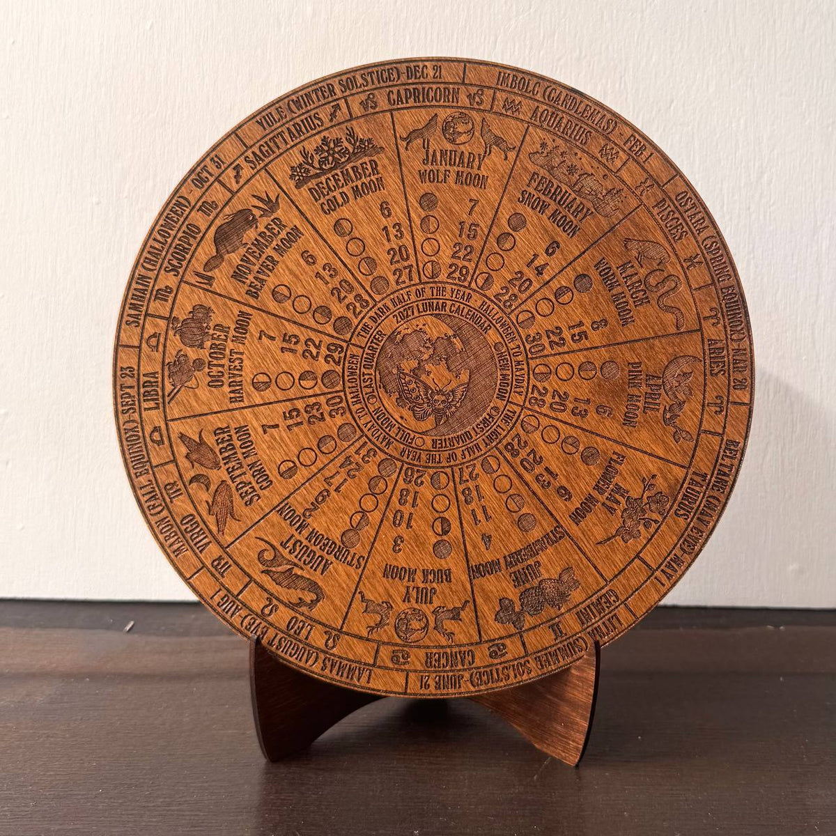 2027 Lunar Moon Phase Calendar, Wooden Witch Altar Wheel with Zodiac and Sabbats