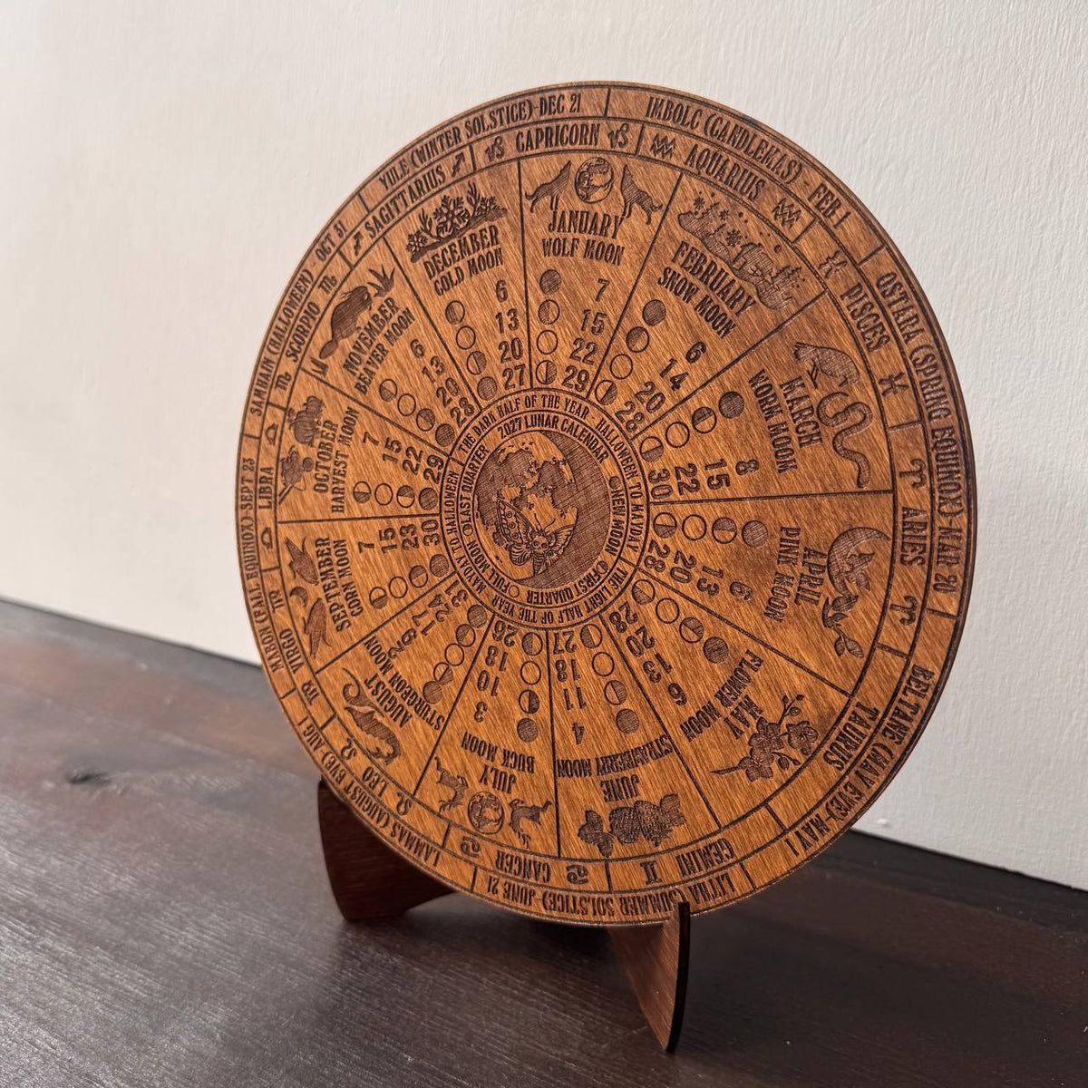 2027 Lunar Moon Phase Calendar, Wooden Witch Altar Wheel with Zodiac and Sabbats