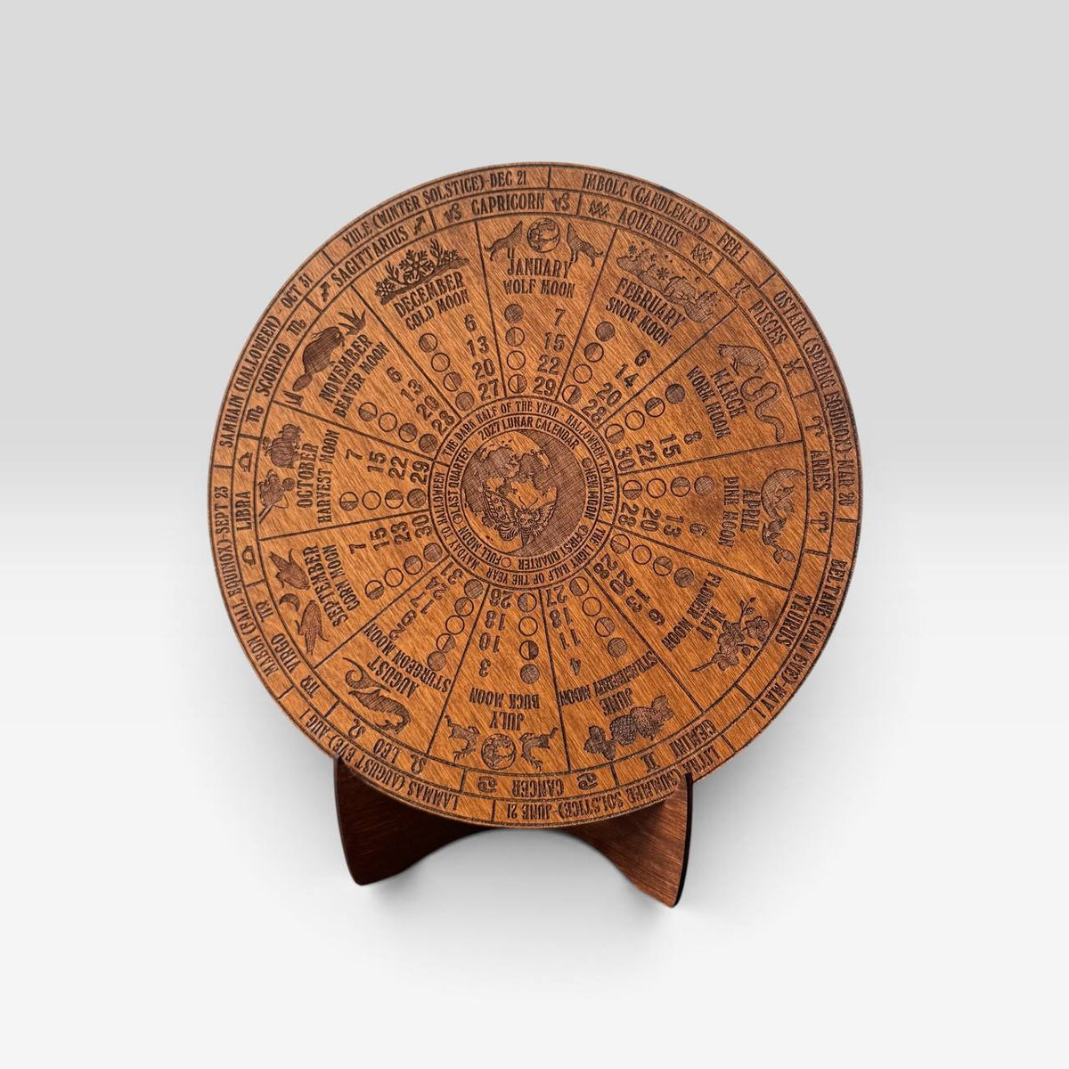 2027 Lunar Moon Phase Calendar, Wooden Witch Altar Wheel with Zodiac and Sabbats
