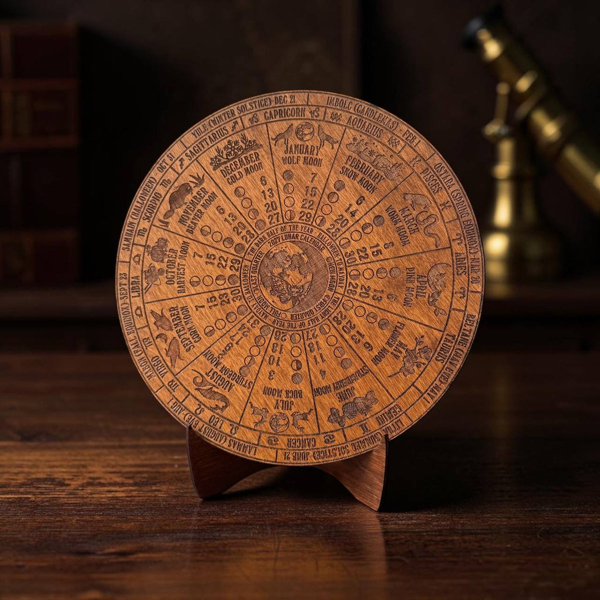 2027 Lunar Moon Phase Calendar, Wooden Witch Altar Wheel with Zodiac and Sabbats