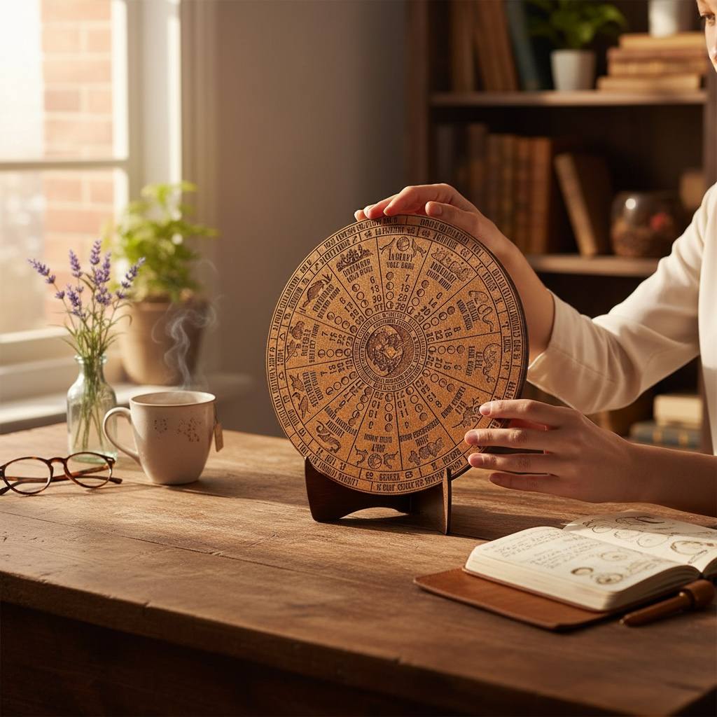 2027 Lunar Moon Phase Calendar, Wooden Witch Altar Wheel with Zodiac and Sabbats