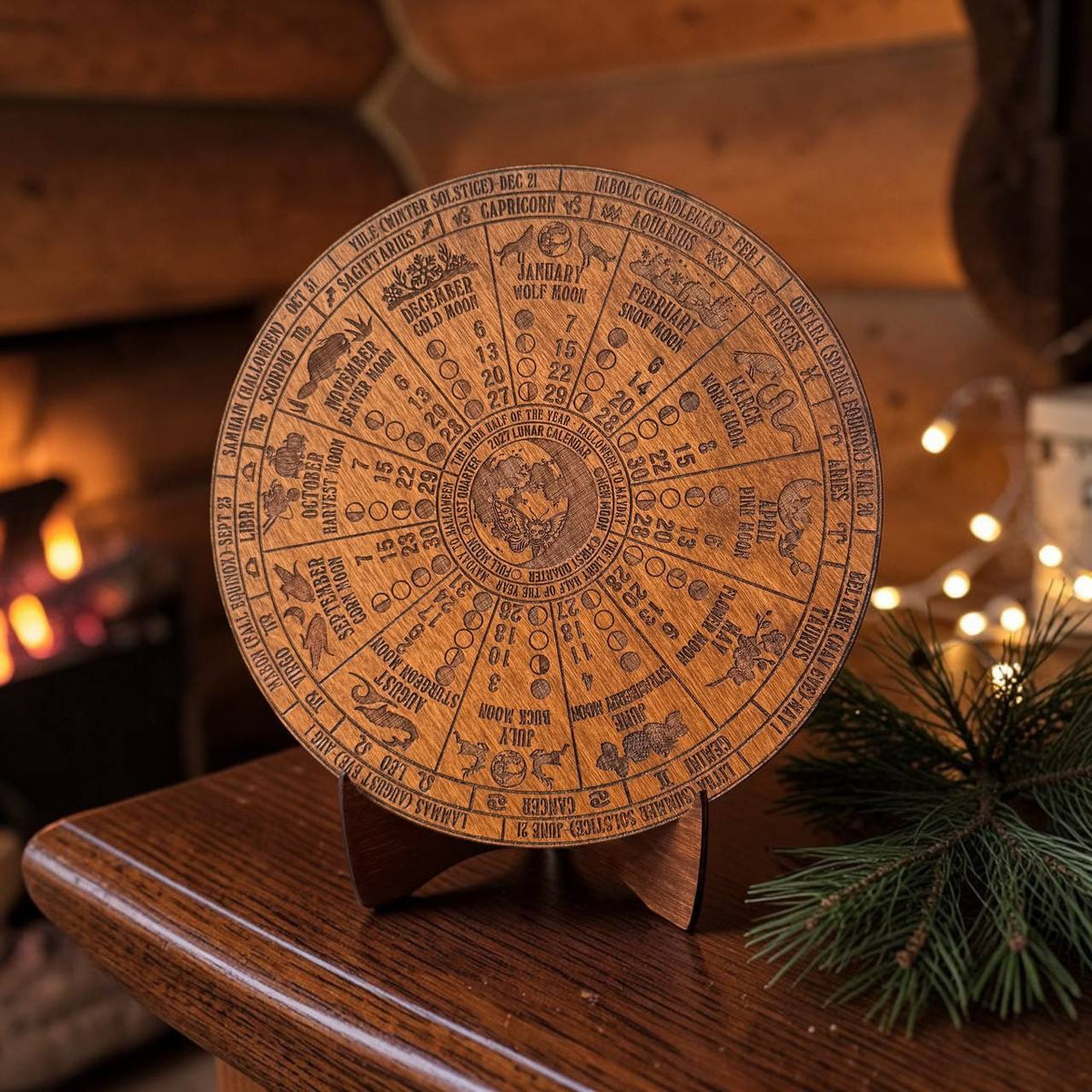 2027 Lunar Moon Phase Calendar, Wooden Witch Altar Wheel with Zodiac and Sabbats