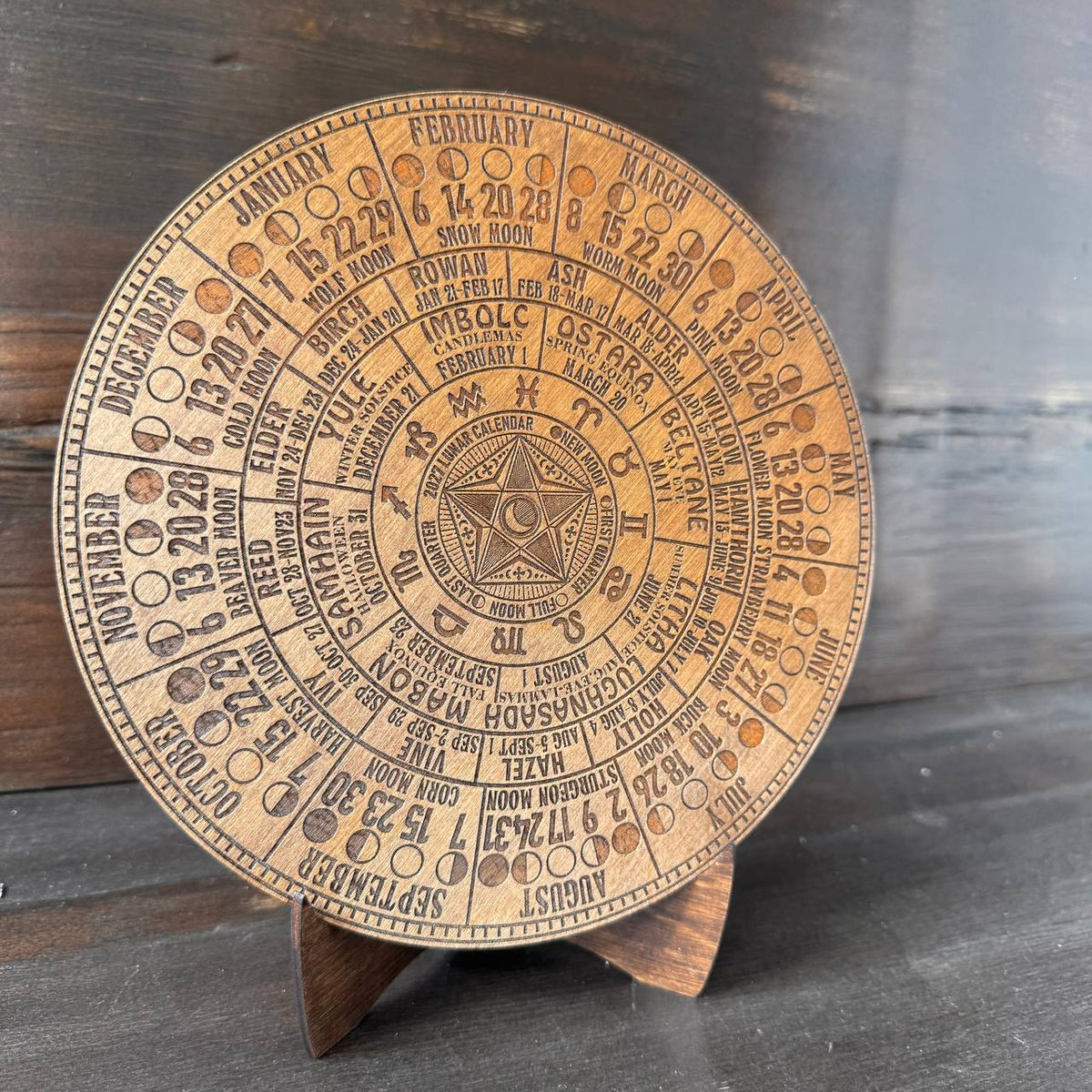 2027 Lunar Moon Phase Calendar | Wiccan Lunar Wheel with Pentagram