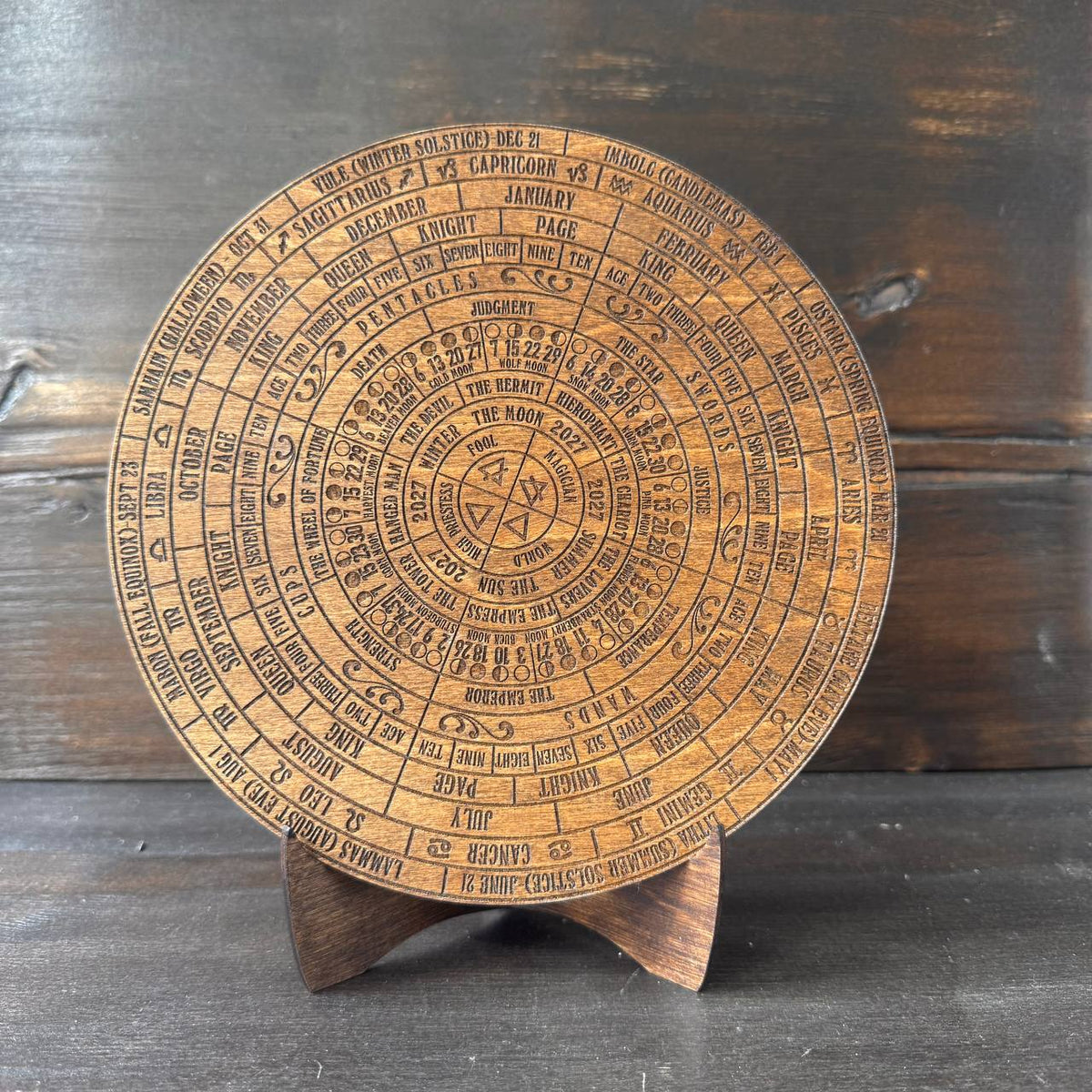 2027 Lunar Moon Phase Calendar | Wooden Moon Wheel with Stand