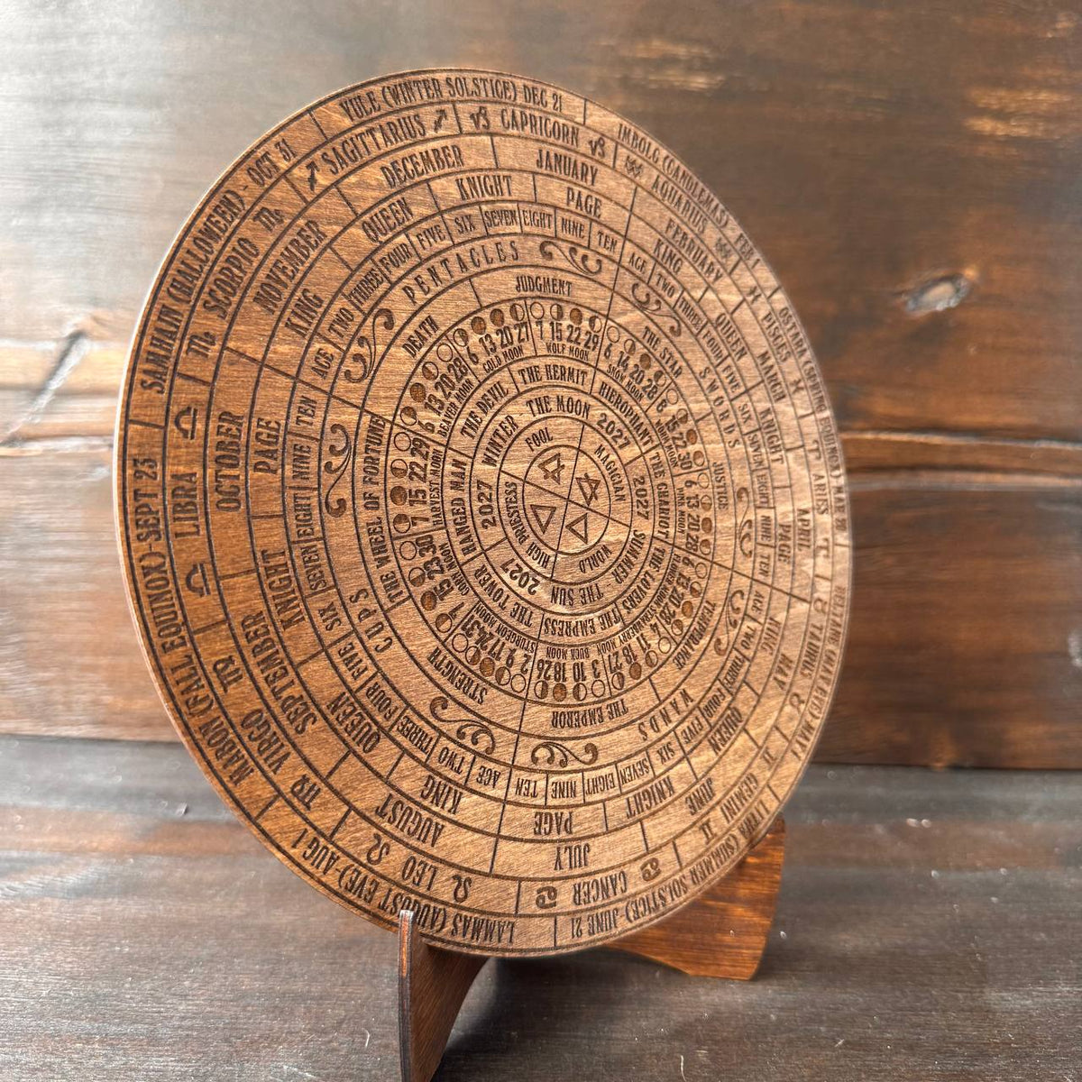 2027 Lunar Moon Phase Calendar | Wooden Moon Wheel with Stand