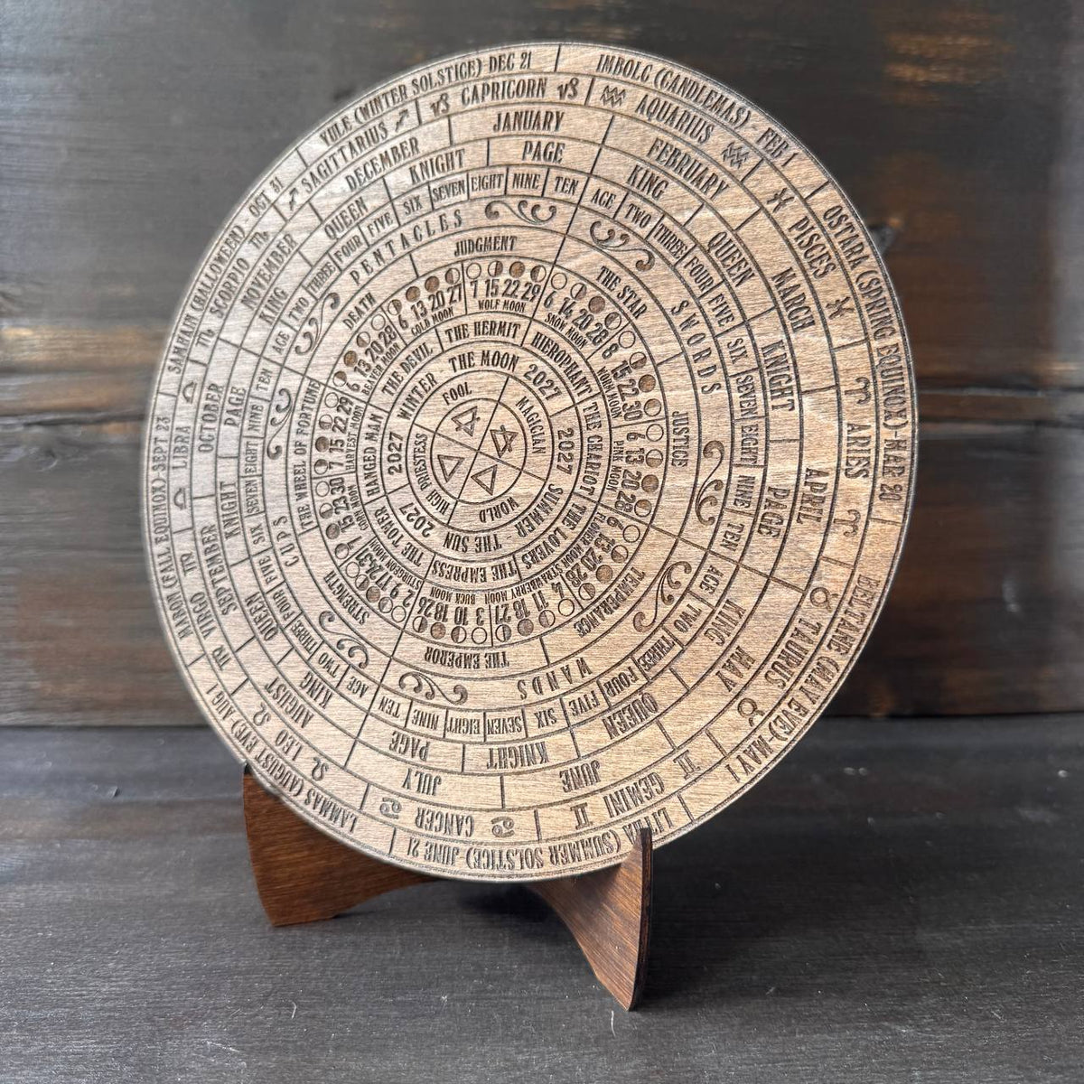 2027 Lunar Moon Phase Calendar | Wooden Moon Wheel with Stand