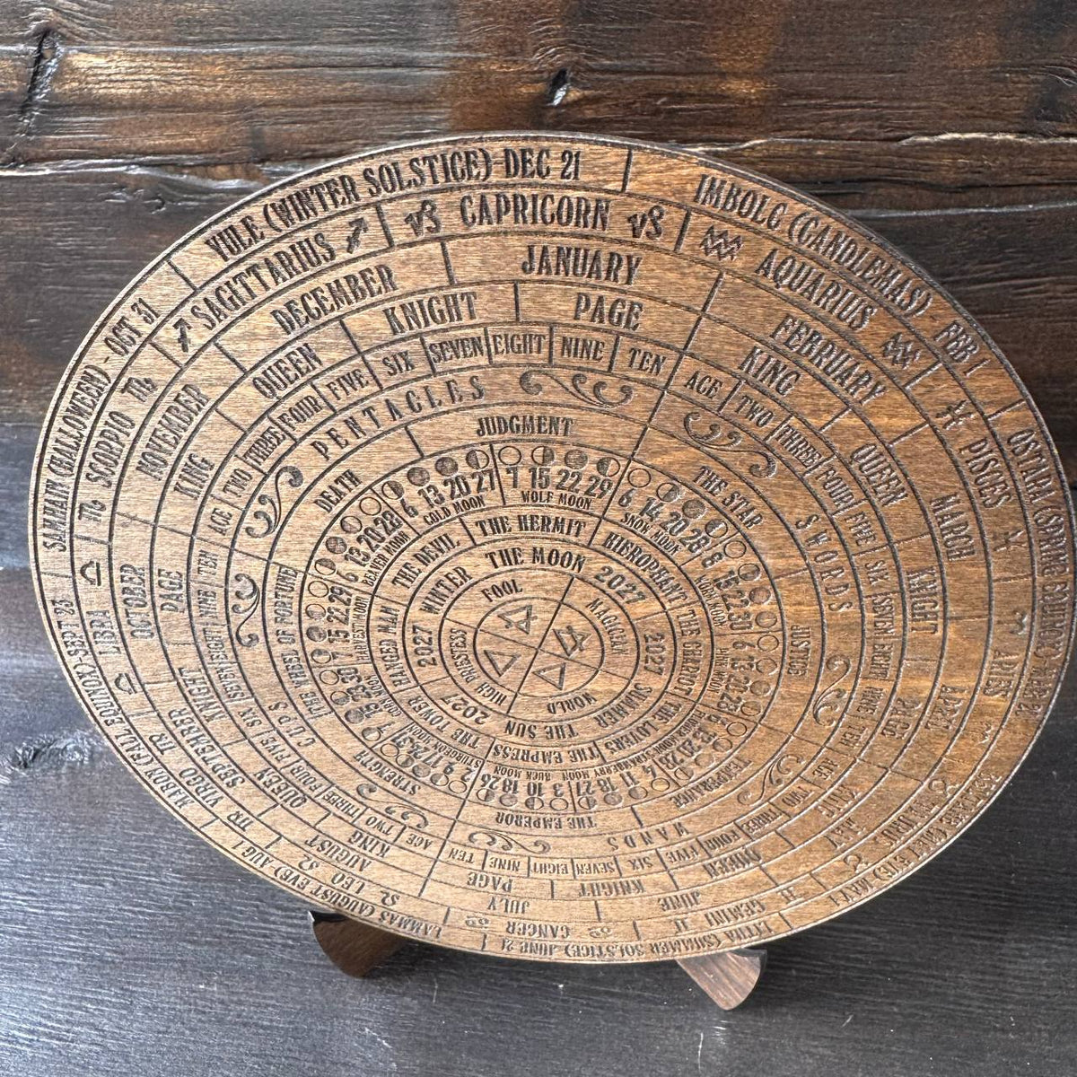 2027 Lunar Moon Phase Calendar | Wooden Moon Wheel with Stand
