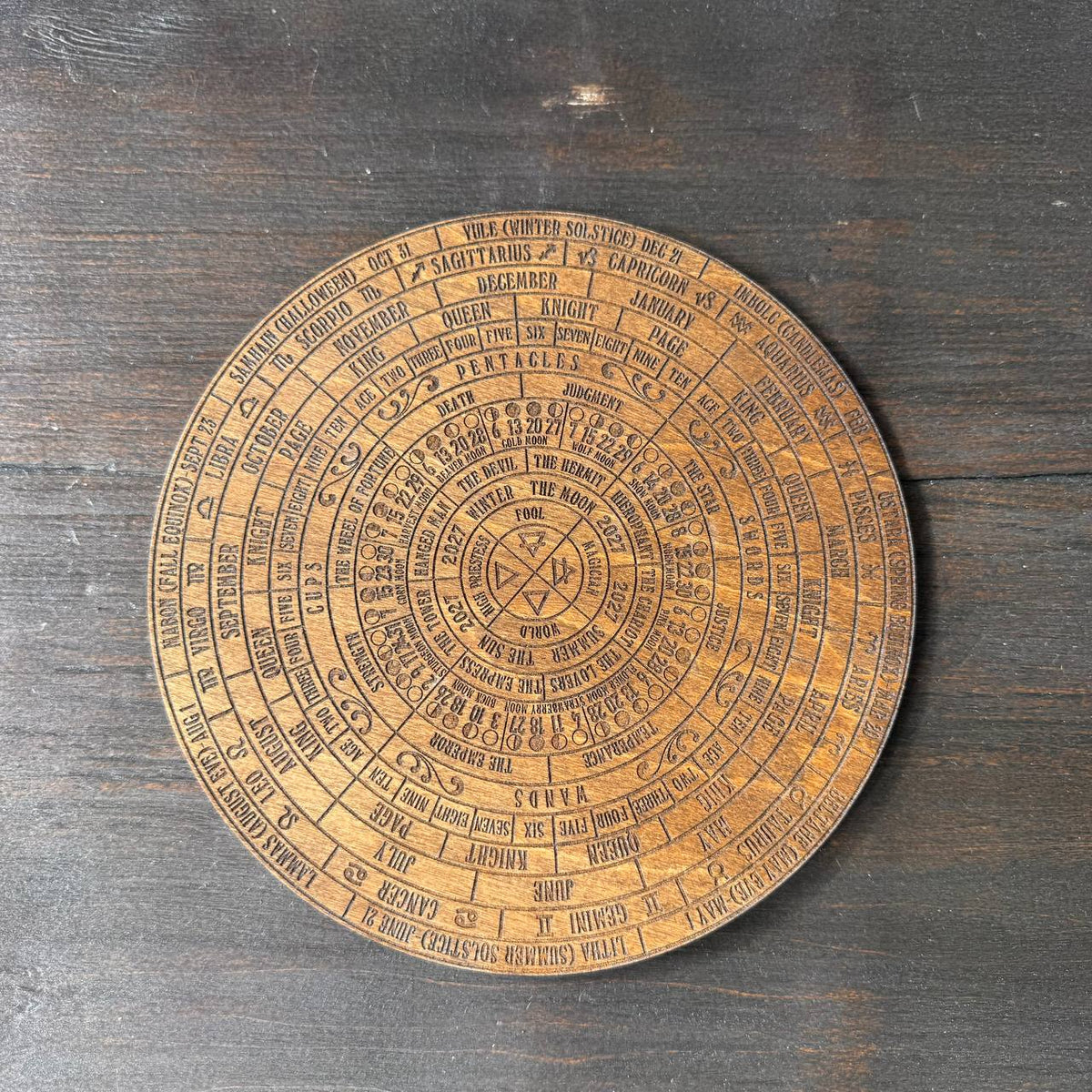 2027 Lunar Moon Phase Calendar | Wooden Moon Wheel with Stand