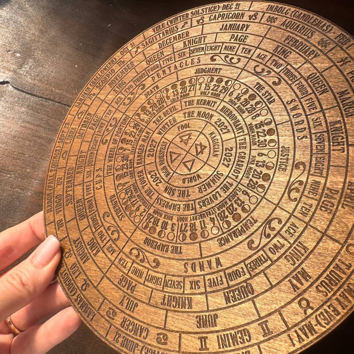 2027 Lunar Moon Phase Calendar | Wooden Moon Wheel with Stand