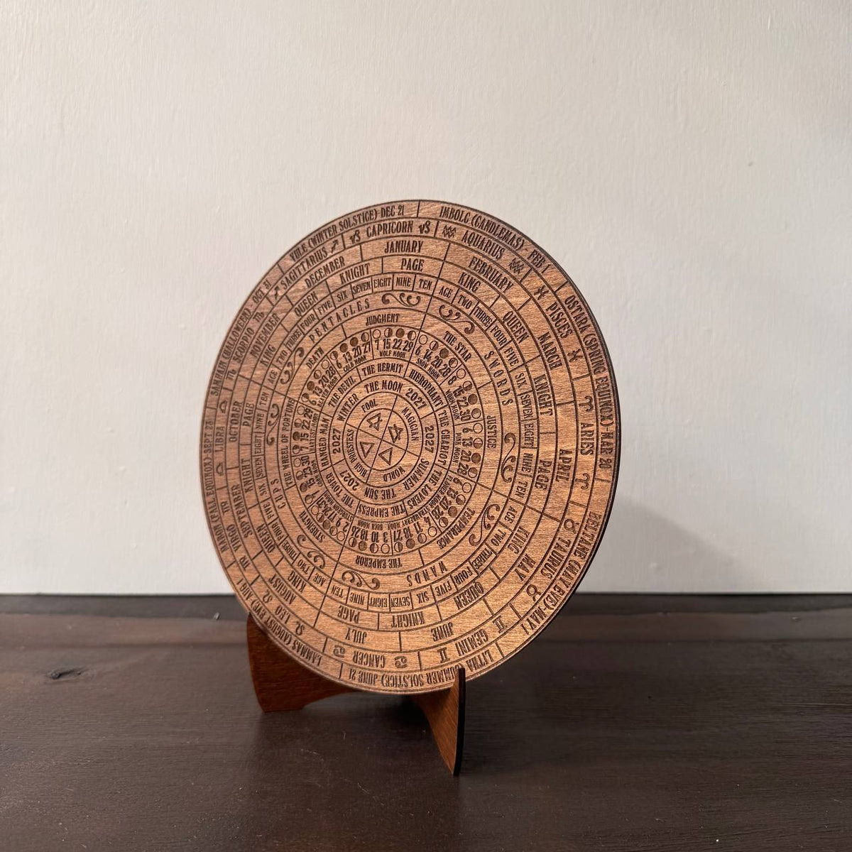 2027 Lunar Moon Phase Calendar | Wooden Moon Wheel with Stand