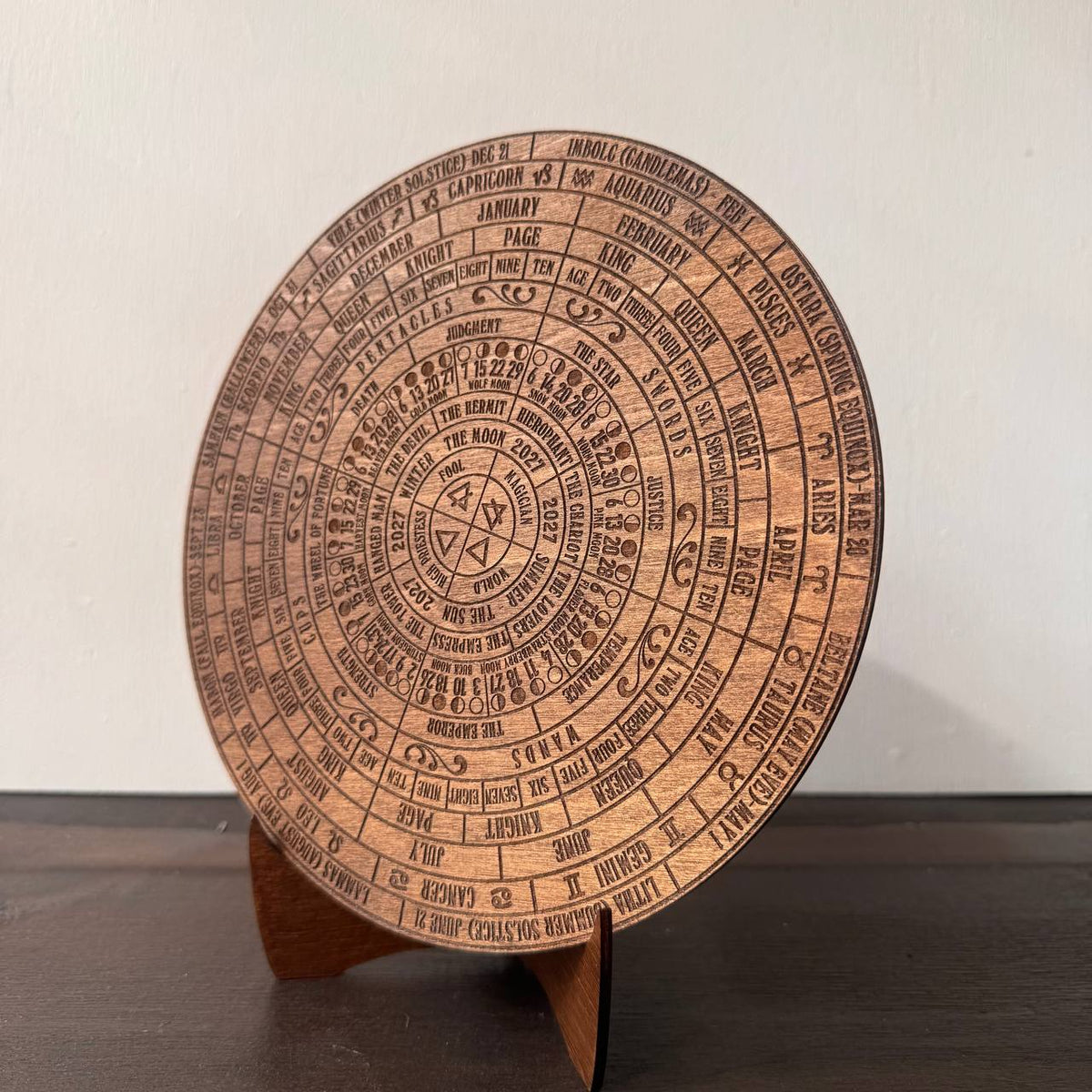 2027 Lunar Moon Phase Calendar | Wooden Moon Wheel with Stand
