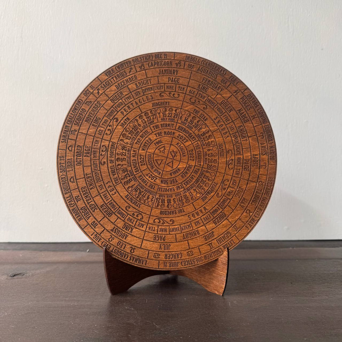 2027 Lunar Moon Phase Calendar | Wooden Moon Wheel with Stand