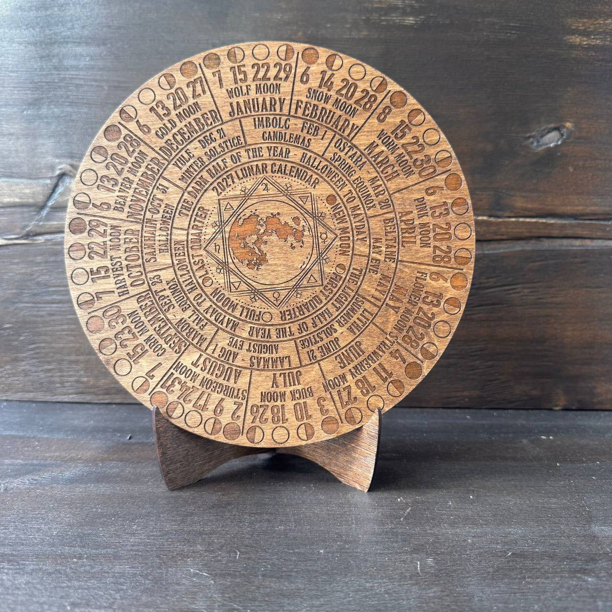 2027 Moon Phase Calendar | Wooden Lunar Planner with Stand