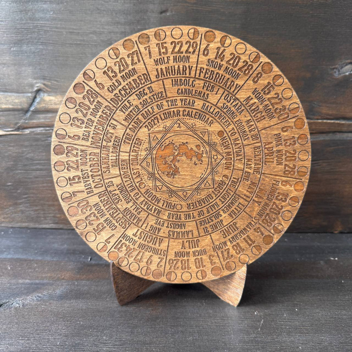 2027 Moon Phase Calendar | Wooden Lunar Planner with Stand