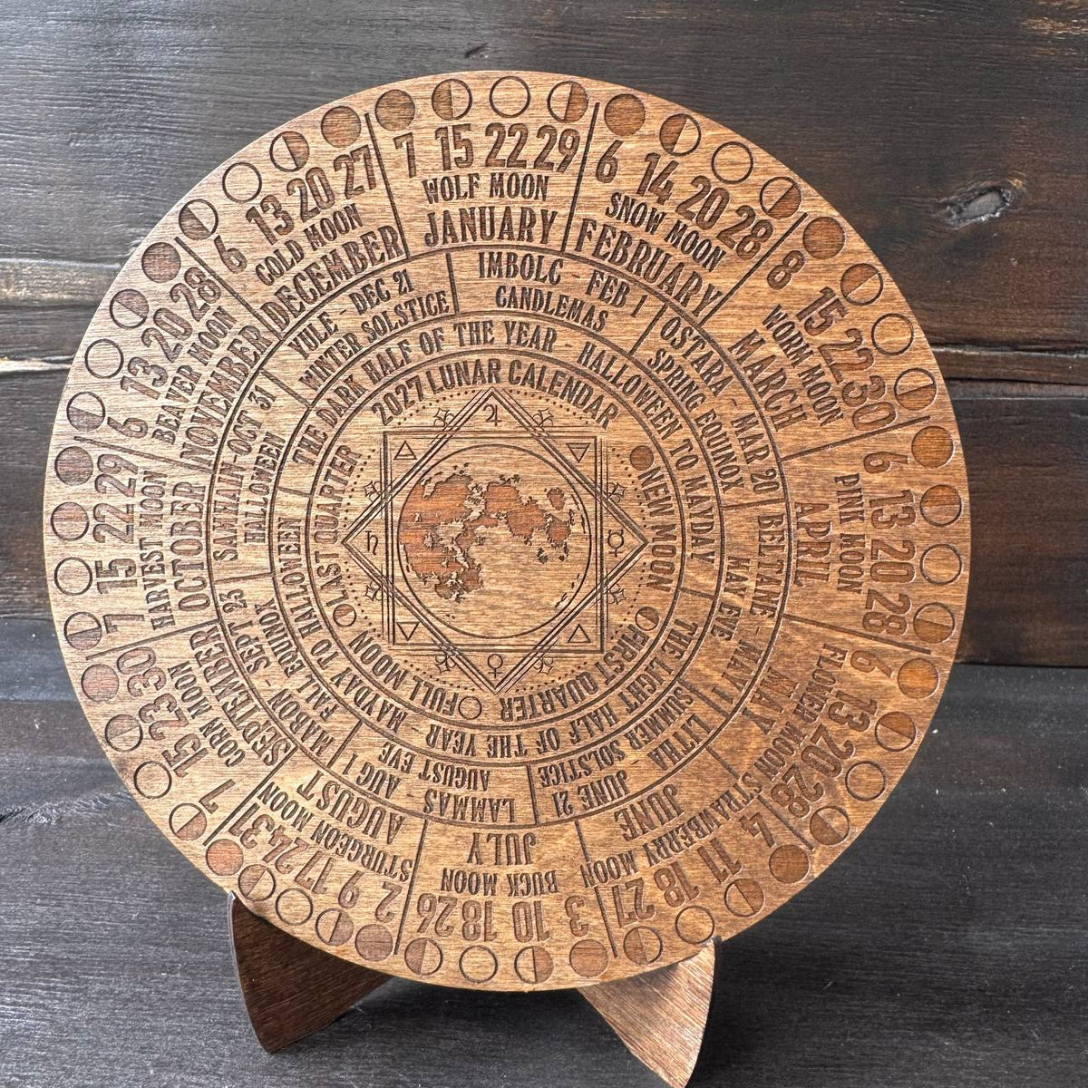 2027 Moon Phase Calendar | Wooden Lunar Planner with Stand