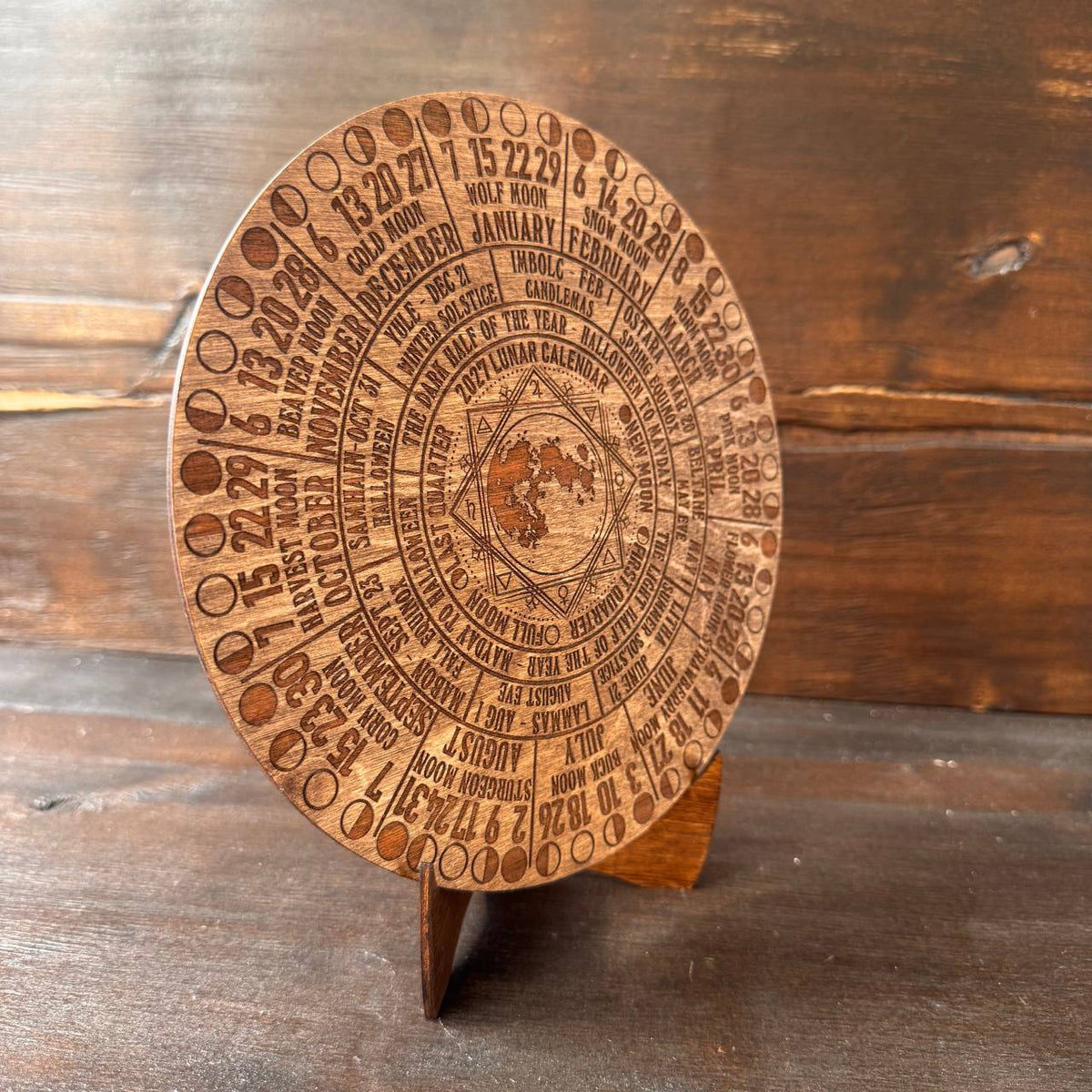 2027 Moon Phase Calendar | Wooden Lunar Planner with Stand