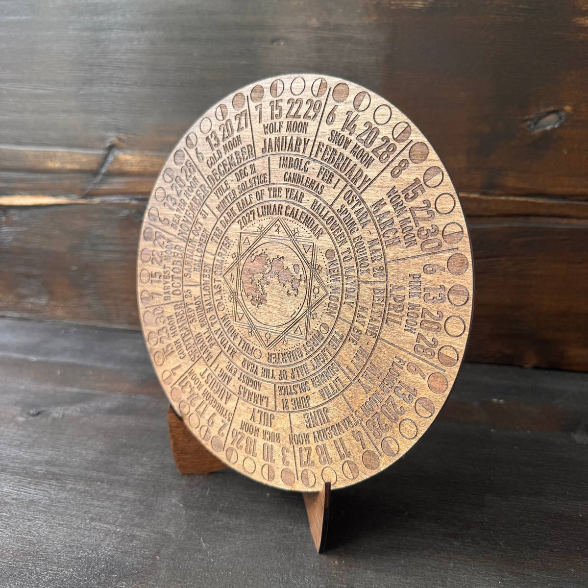 2027 Moon Phase Calendar | Wooden Lunar Planner with Stand