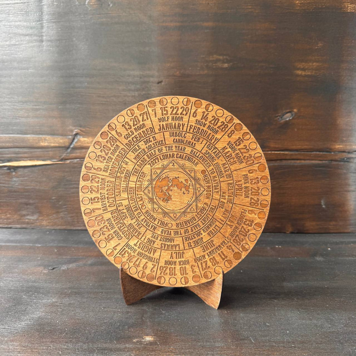 2027 Moon Phase Calendar | Wooden Lunar Planner with Stand