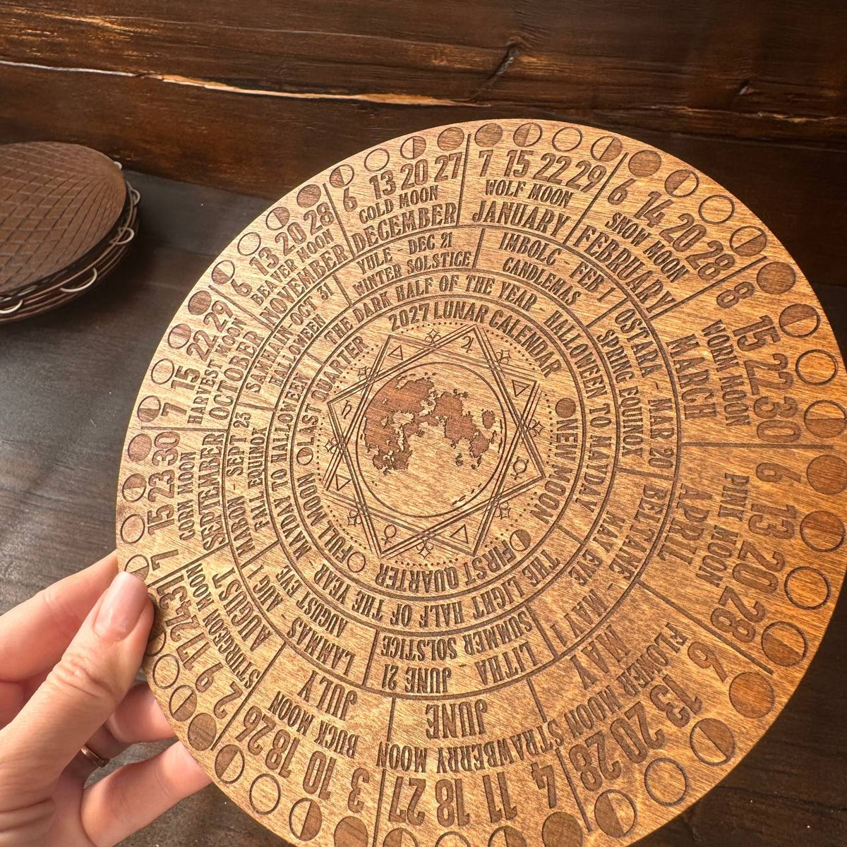 2027 Moon Phase Calendar | Wooden Lunar Planner with Stand