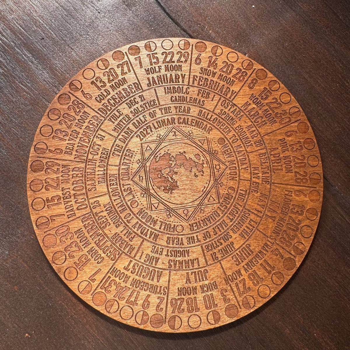 2027 Moon Phase Calendar | Wooden Lunar Planner with Stand