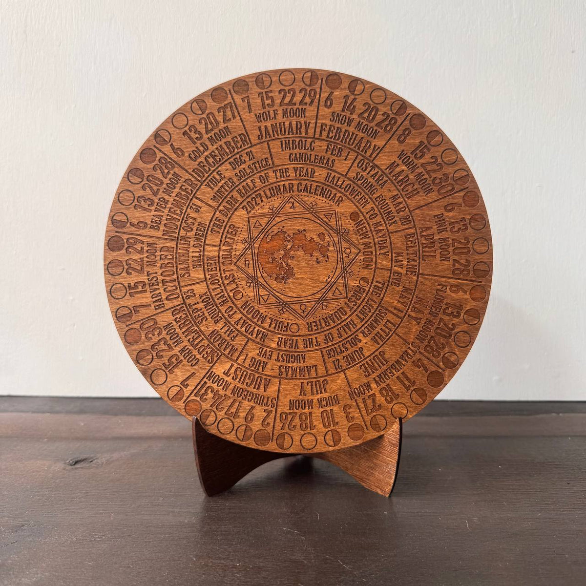 2027 Moon Phase Calendar | Wooden Lunar Planner with Stand