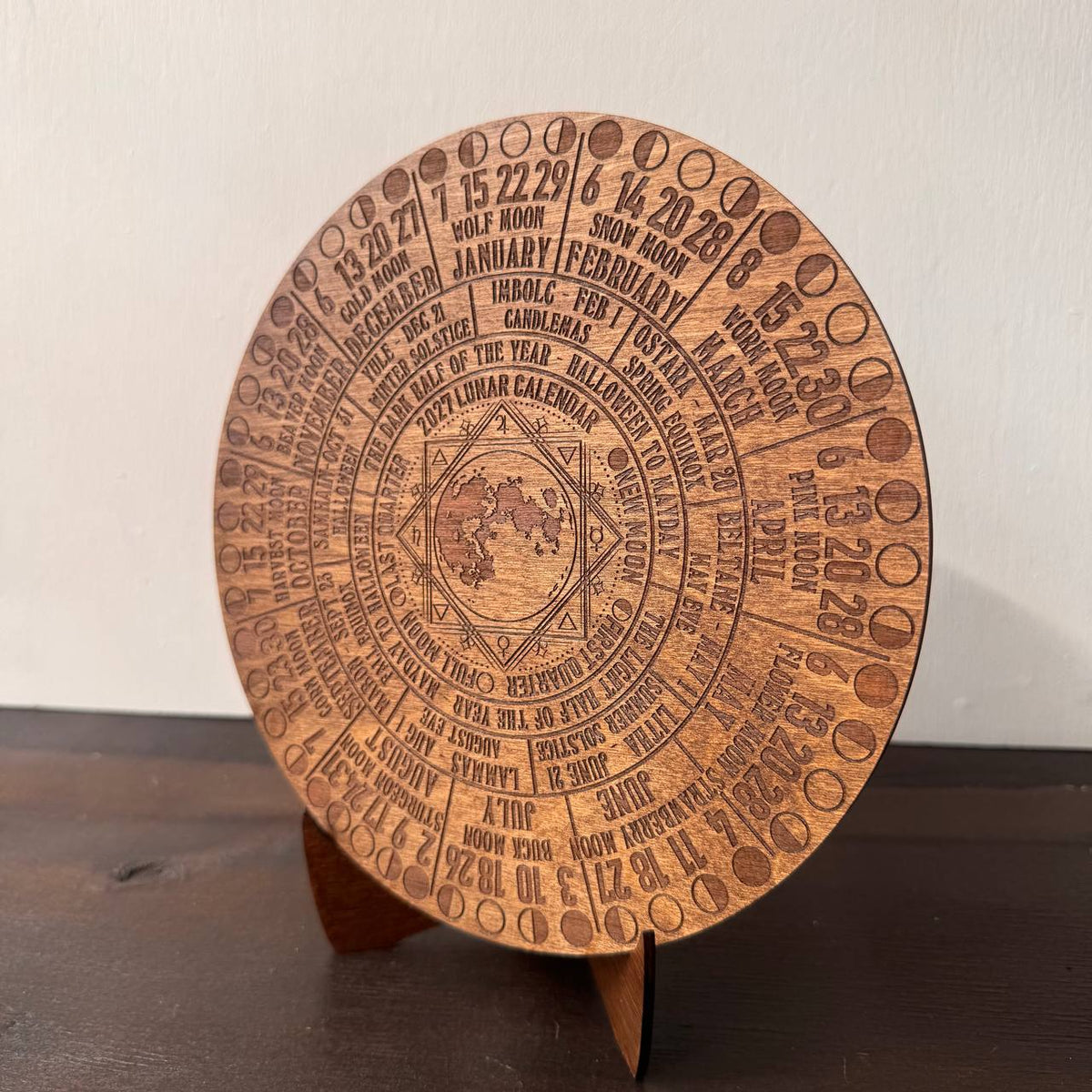 2027 Moon Phase Calendar | Wooden Lunar Planner with Stand