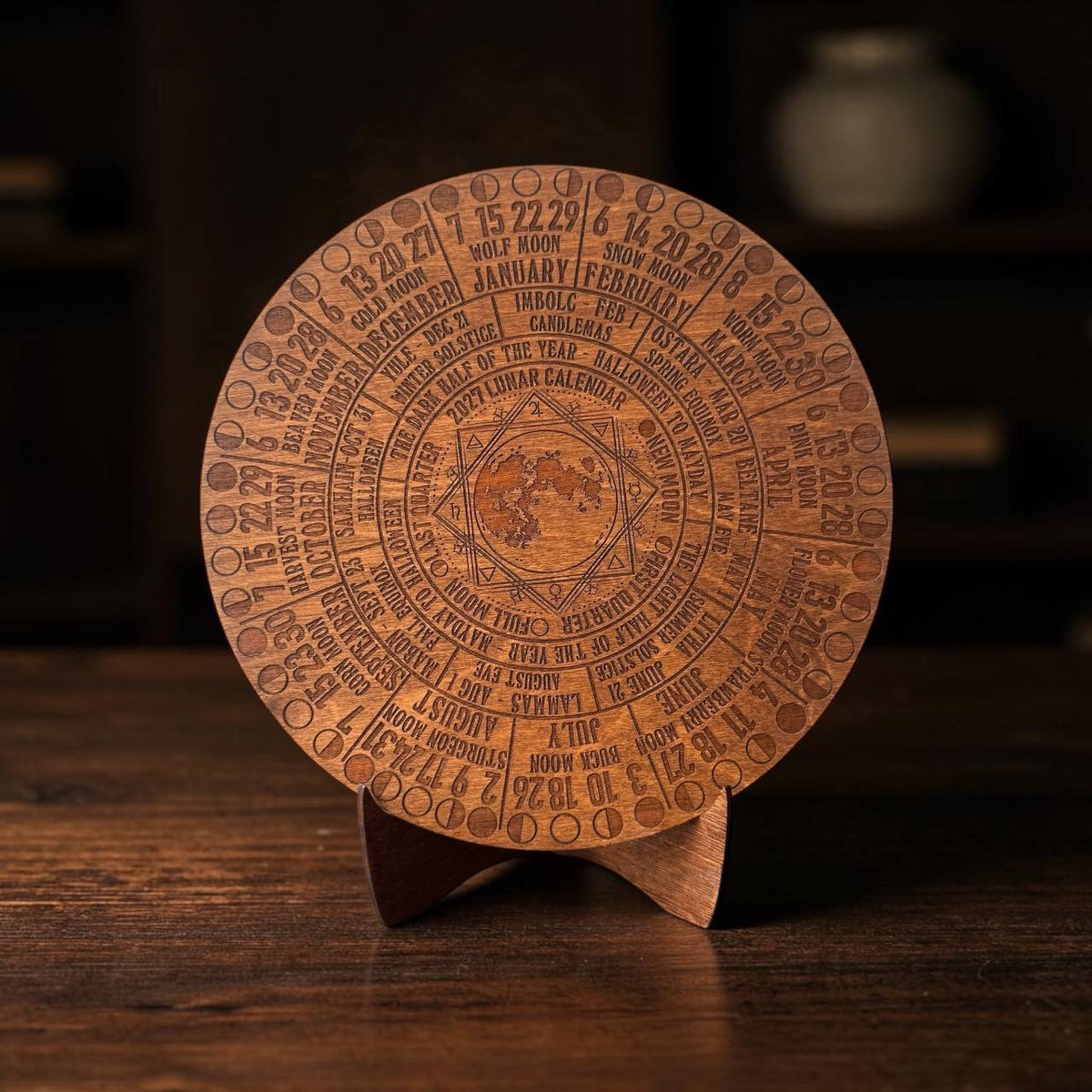 2027 Moon Phase Calendar | Wooden Lunar Planner with Stand