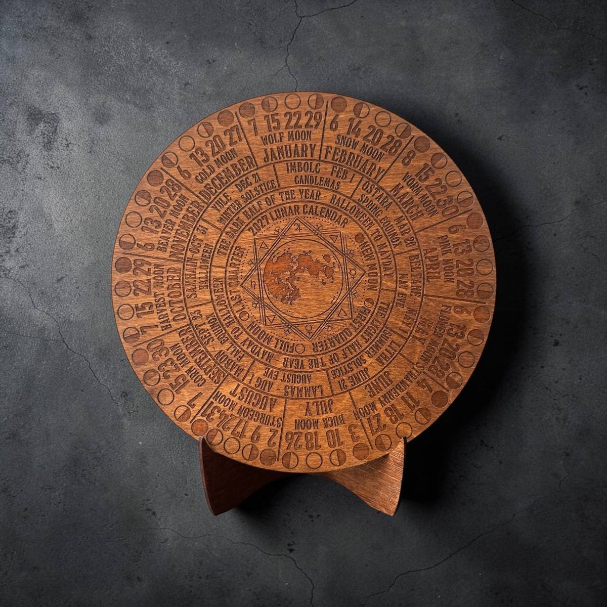 2027 Moon Phase Calendar | Wooden Lunar Planner with Stand