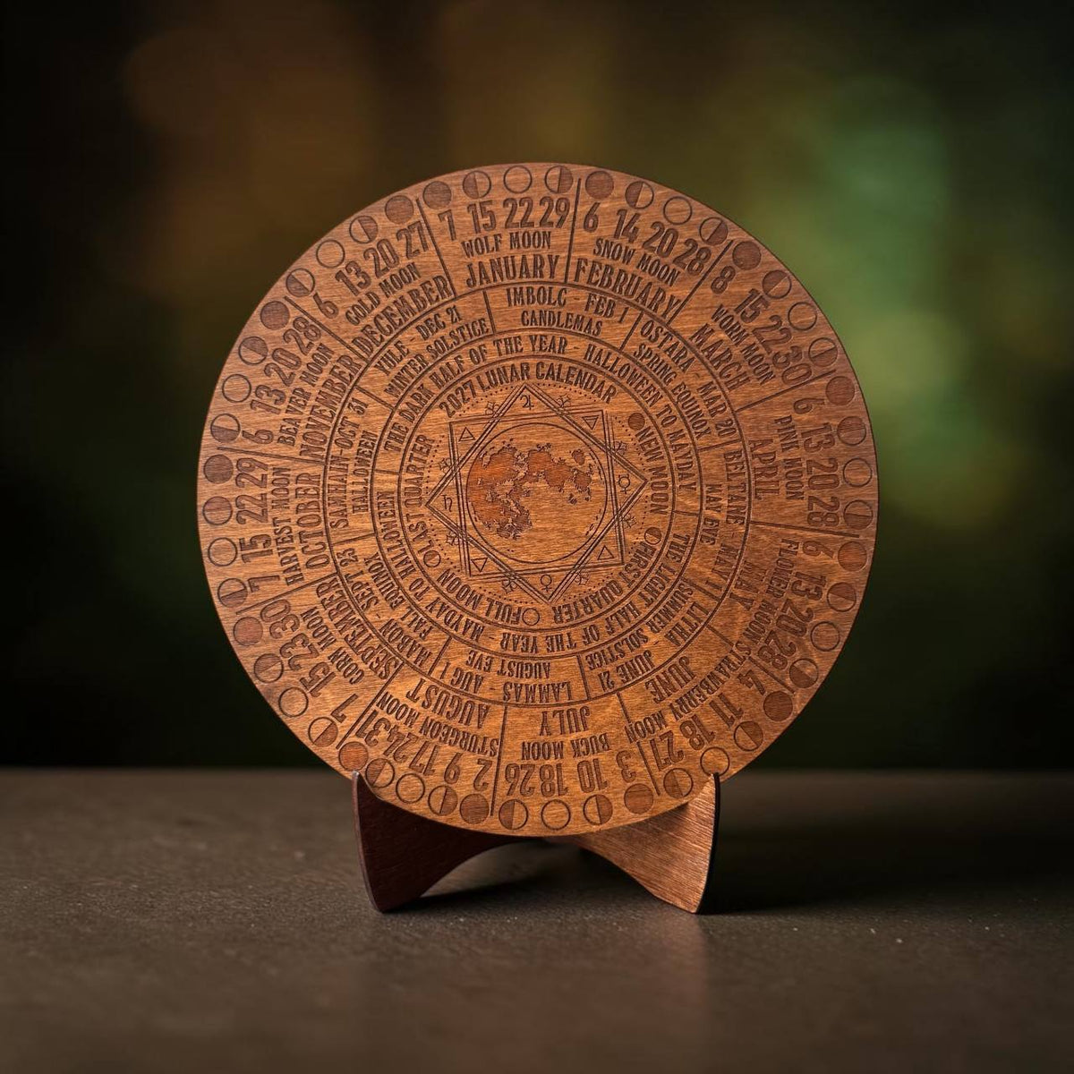 2027 Moon Phase Calendar | Wooden Lunar Planner with Stand