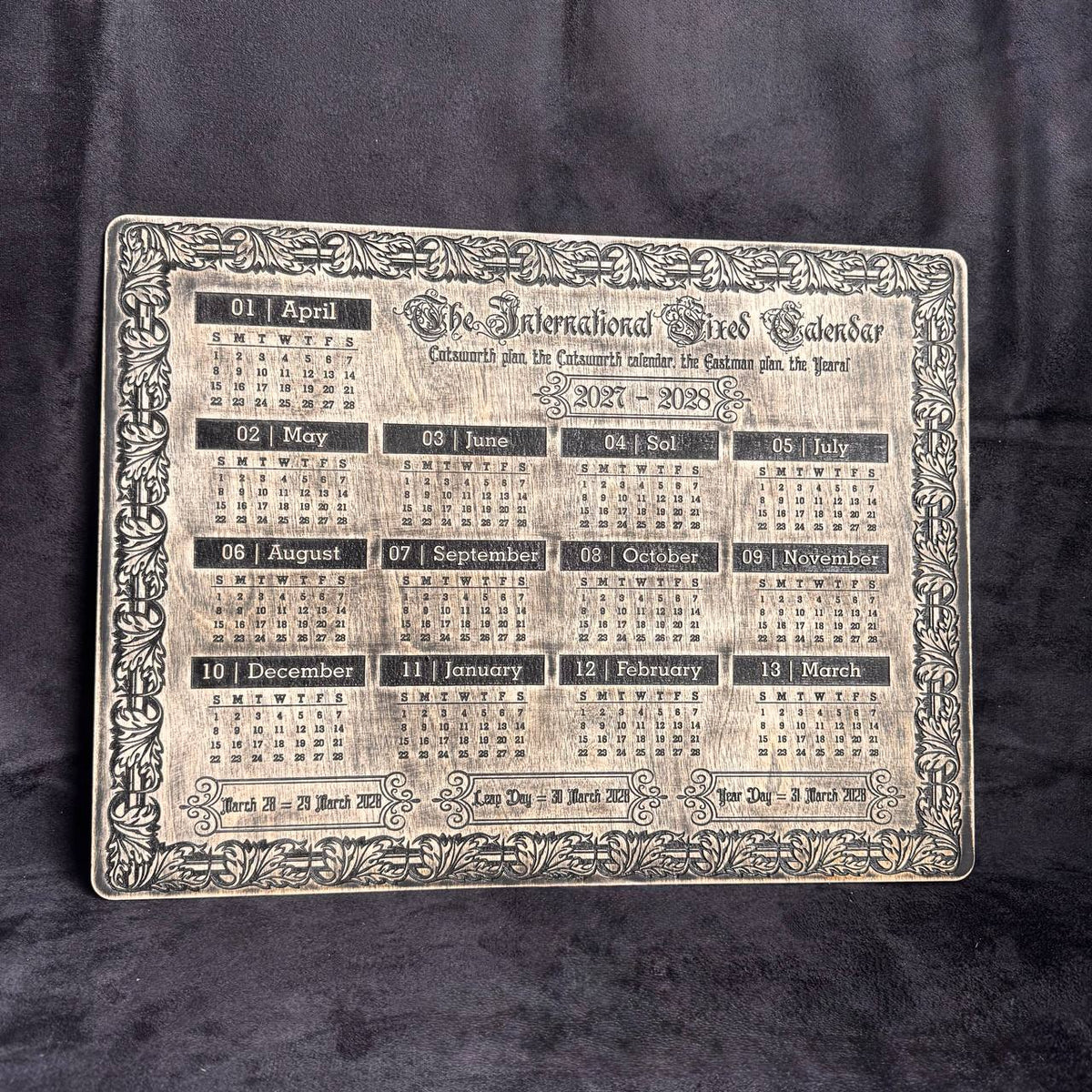 2027–2028 13 Month Calendar, Cotsworth Plan, Wooden Wall Art