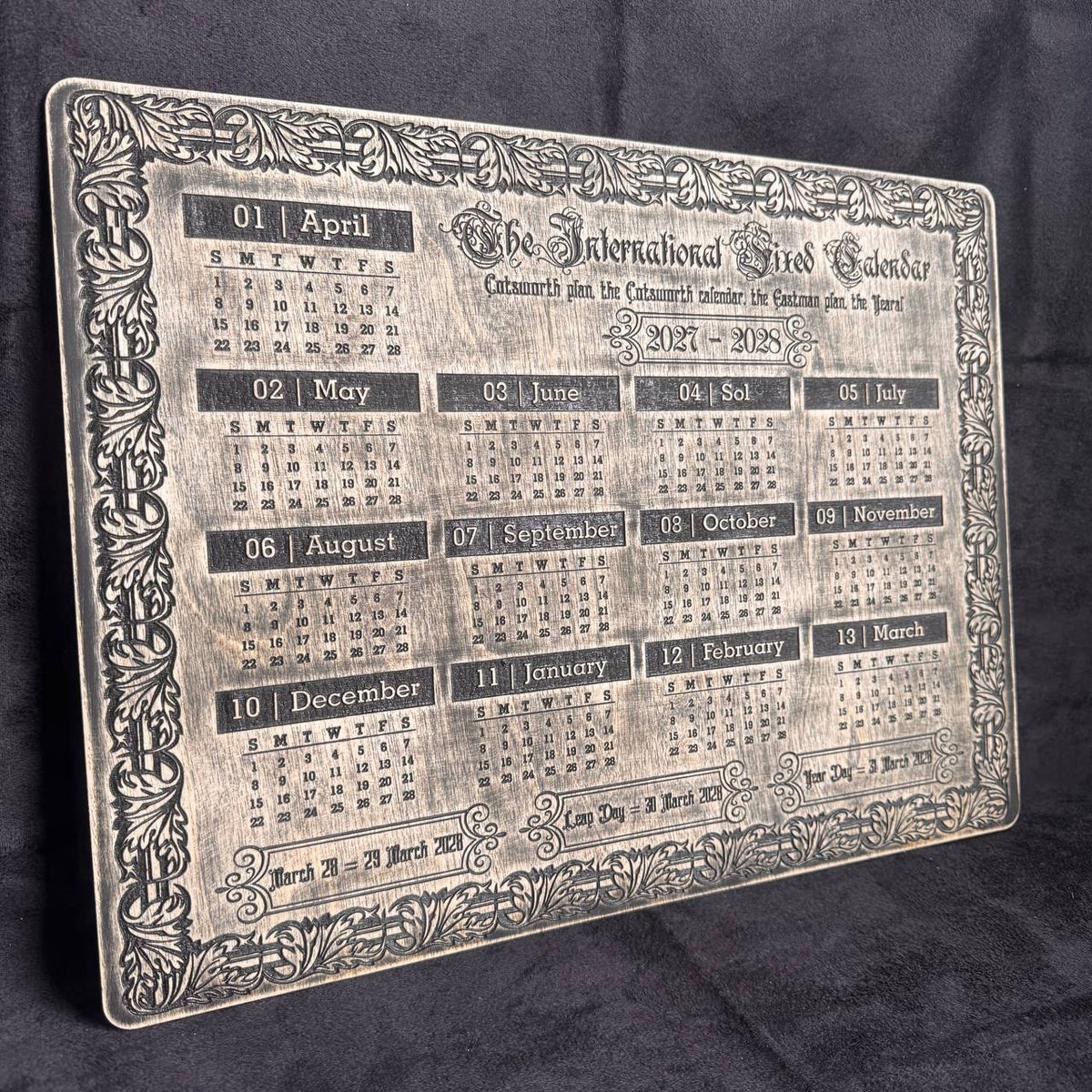 2027–2028 13 Month Calendar, Cotsworth Plan, Wooden Wall Art