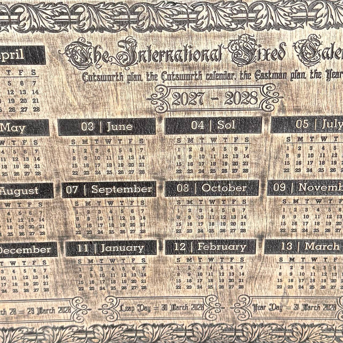 2027–2028 13 Month Calendar, Cotsworth Plan, Wooden Wall Art