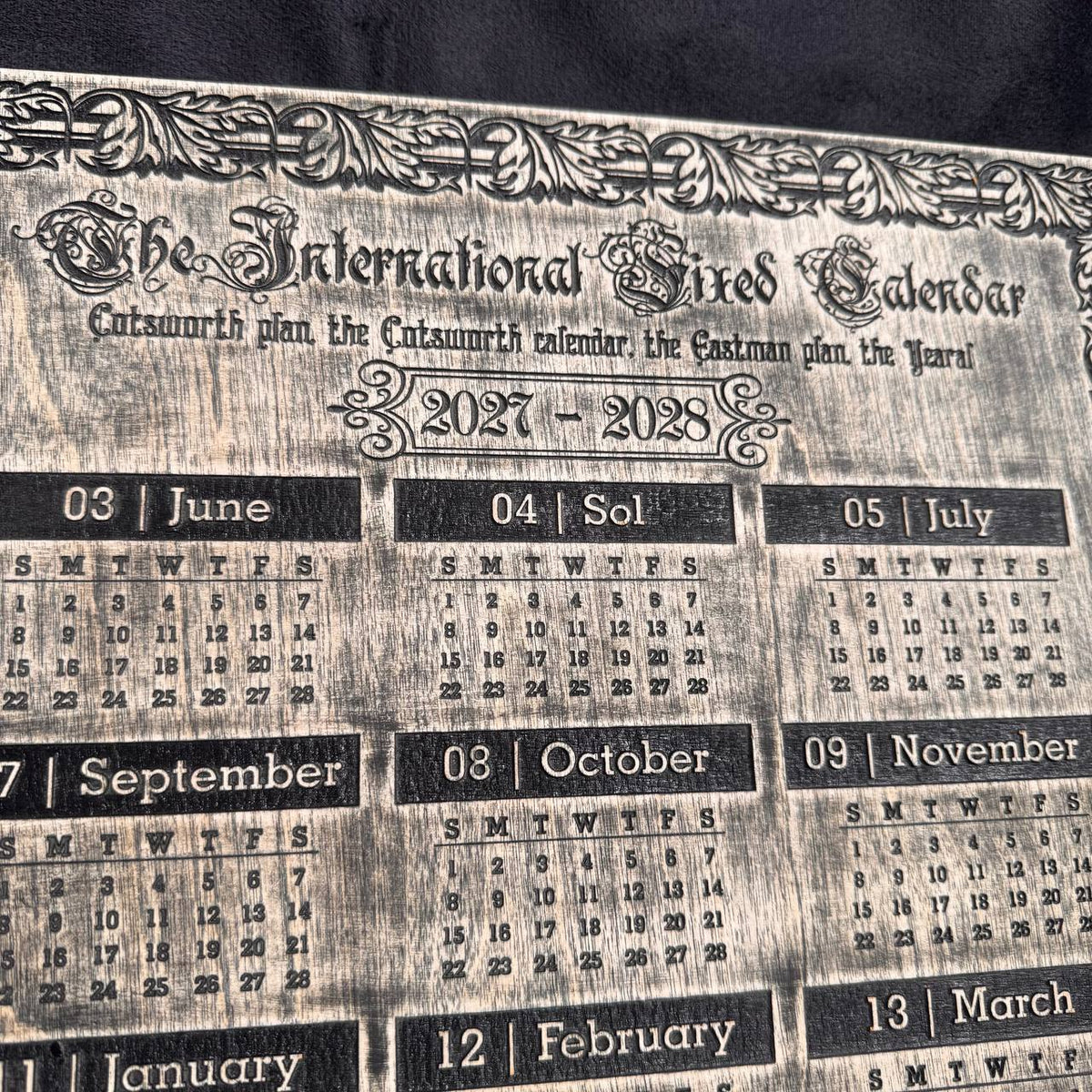 2027–2028 13 Month Calendar, Cotsworth Plan, Wooden Wall Art