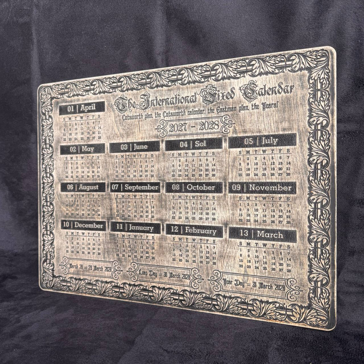 2027–2028 13 Month Calendar, Cotsworth Plan, Wooden Wall Art