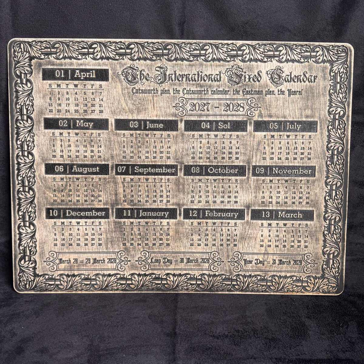 2027–2028 13 Month Calendar, Cotsworth Plan, Wooden Wall Art