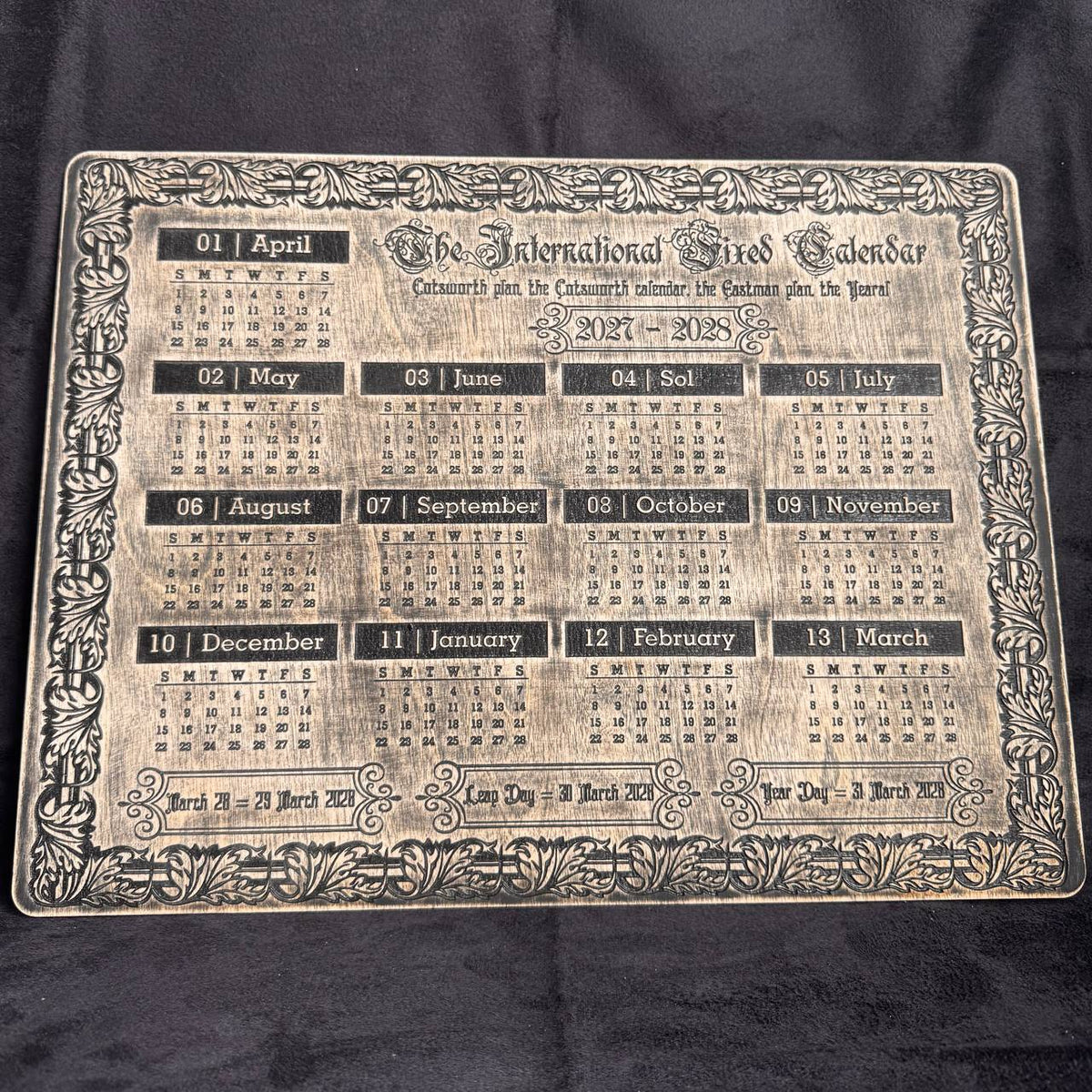 2027–2028 13 Month Calendar, Cotsworth Plan, Wooden Wall Art