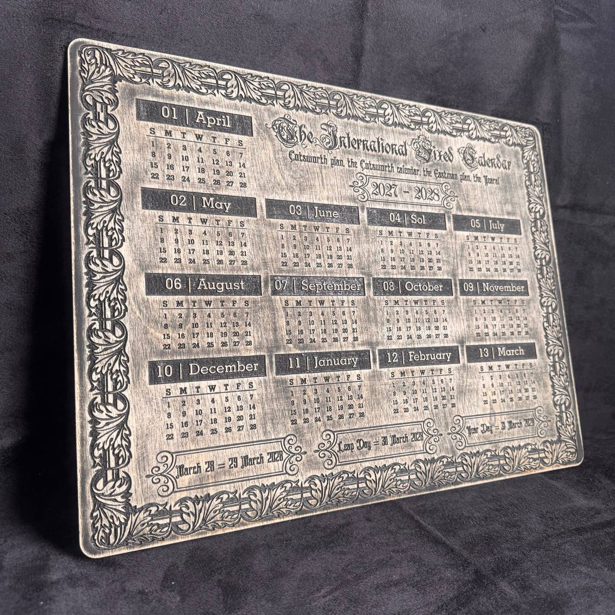 2027–2028 13 Month Calendar, Cotsworth Plan, Wooden Wall Art