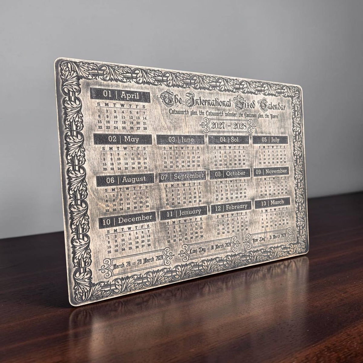 2027–2028 13 Month Calendar, Cotsworth Plan, Wooden Wall Art