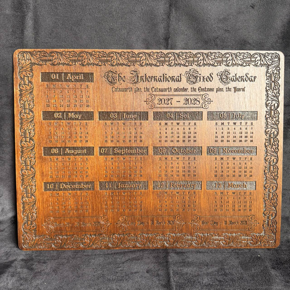 2027–2028 13 Month Calendar, International Fixed Calendar, Wooden Wall Decor