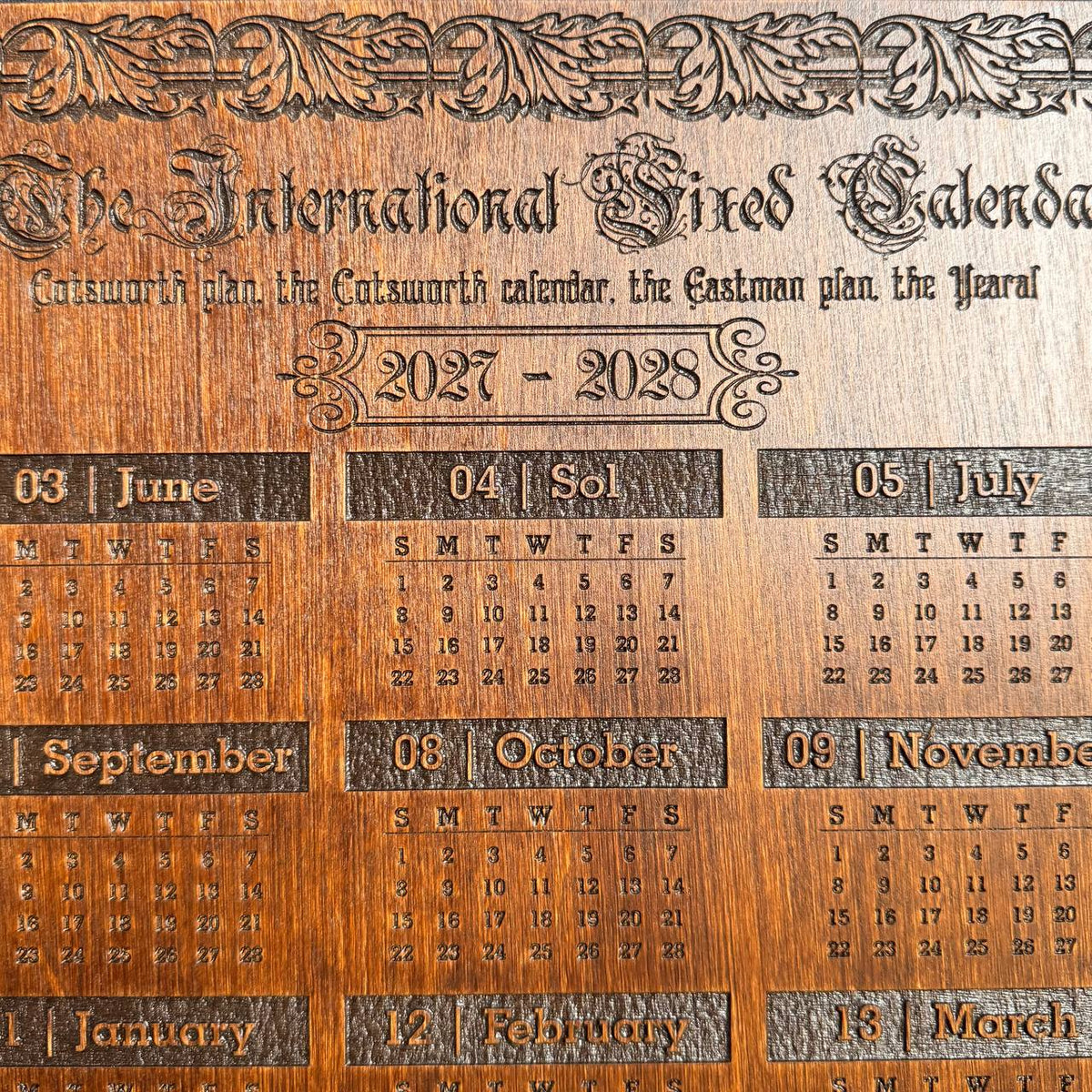 2027–2028 13 Month Calendar, International Fixed Calendar, Wooden Wall Decor
