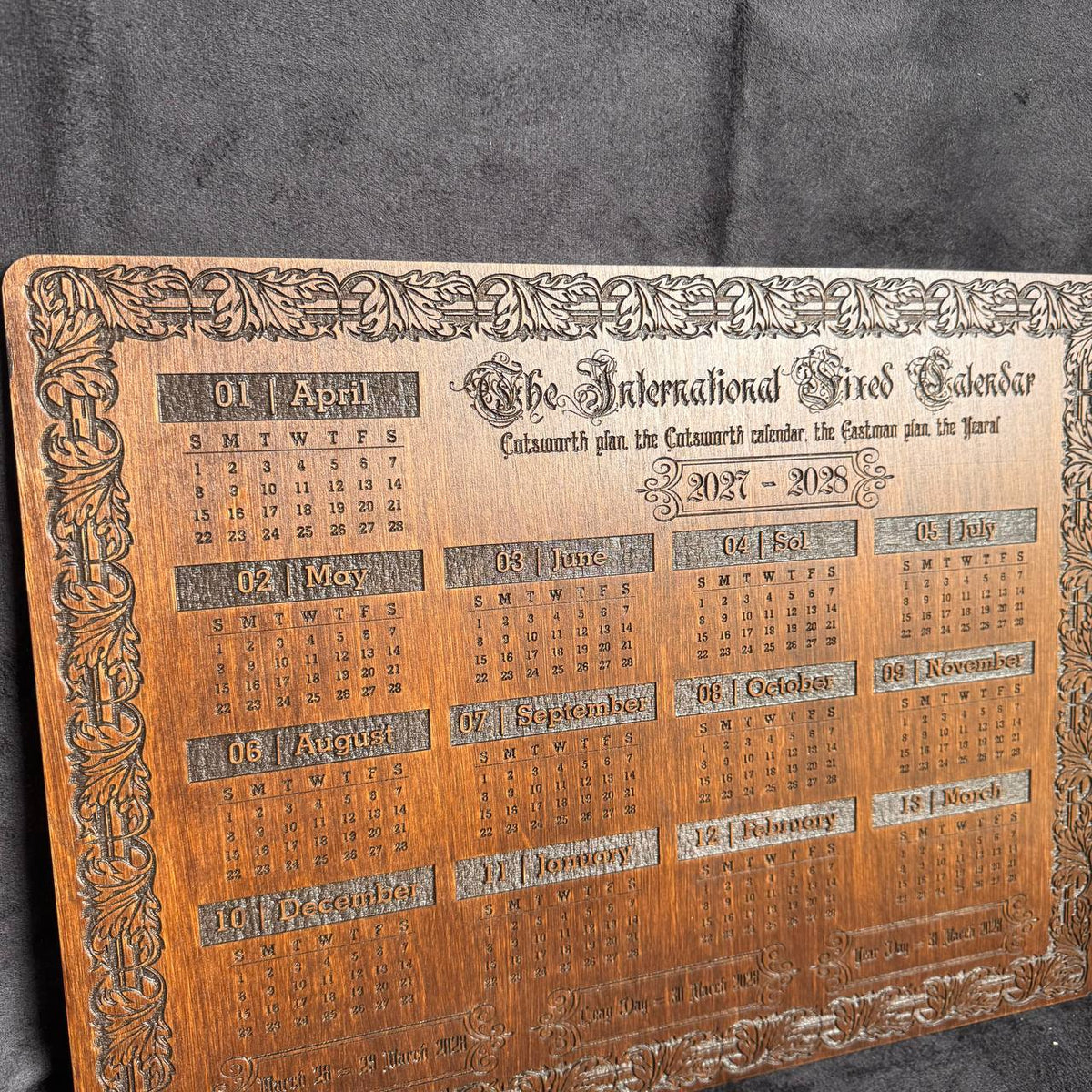 2027–2028 13 Month Calendar, International Fixed Calendar, Wooden Wall Decor