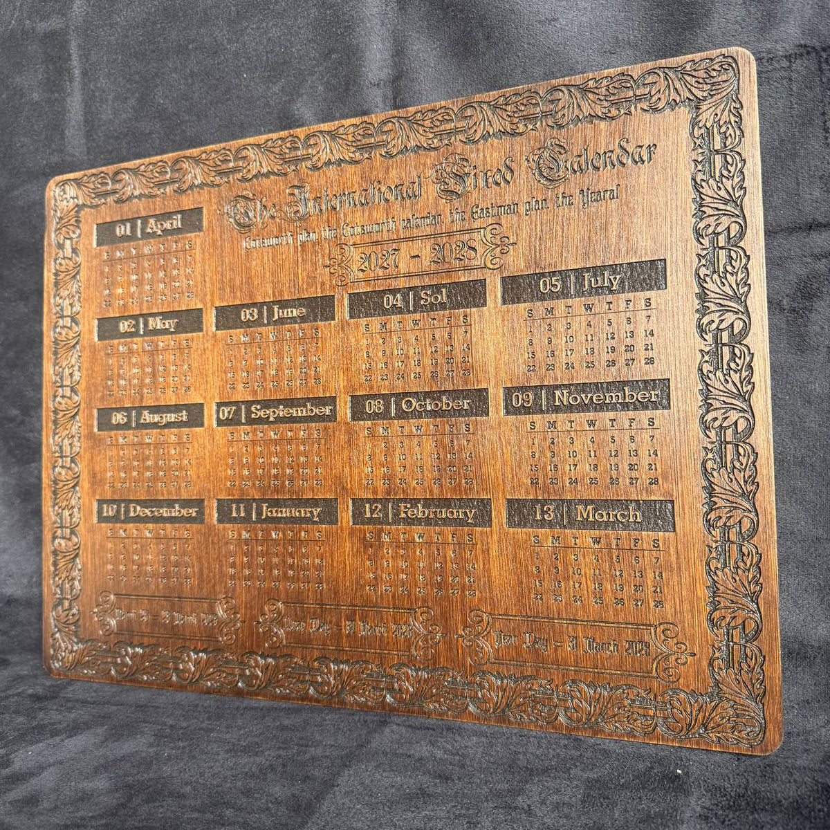 2027–2028 13 Month Calendar, International Fixed Calendar, Wooden Wall Decor