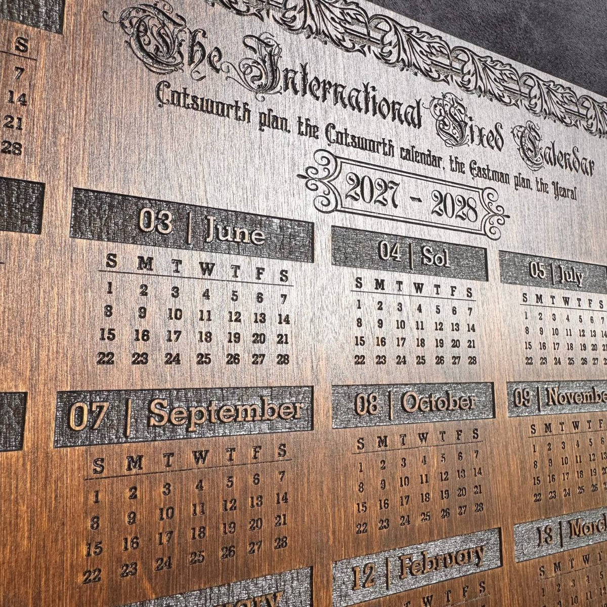 2027–2028 13 Month Calendar, International Fixed Calendar, Wooden Wall Decor