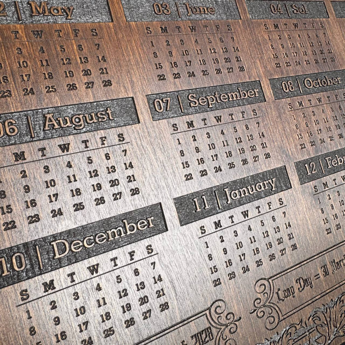 2027–2028 13 Month Calendar, International Fixed Calendar, Wooden Wall Decor