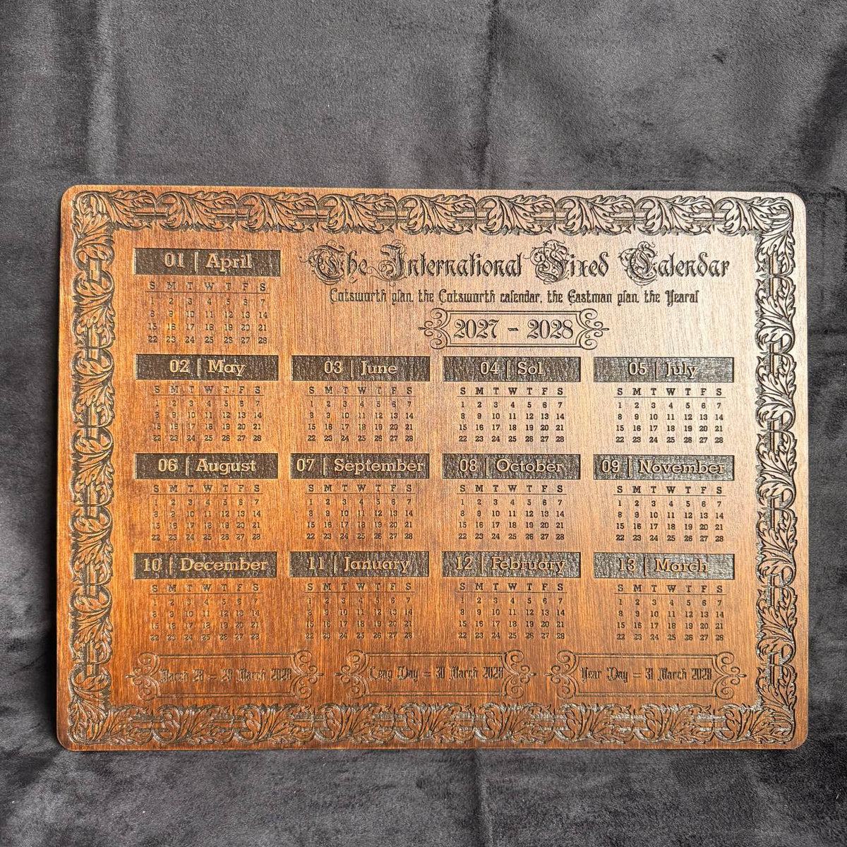 2027–2028 13 Month Calendar, International Fixed Calendar, Wooden Wall Decor