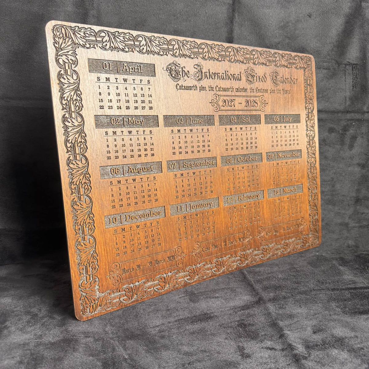 2027–2028 13 Month Calendar, International Fixed Calendar, Wooden Wall Decor