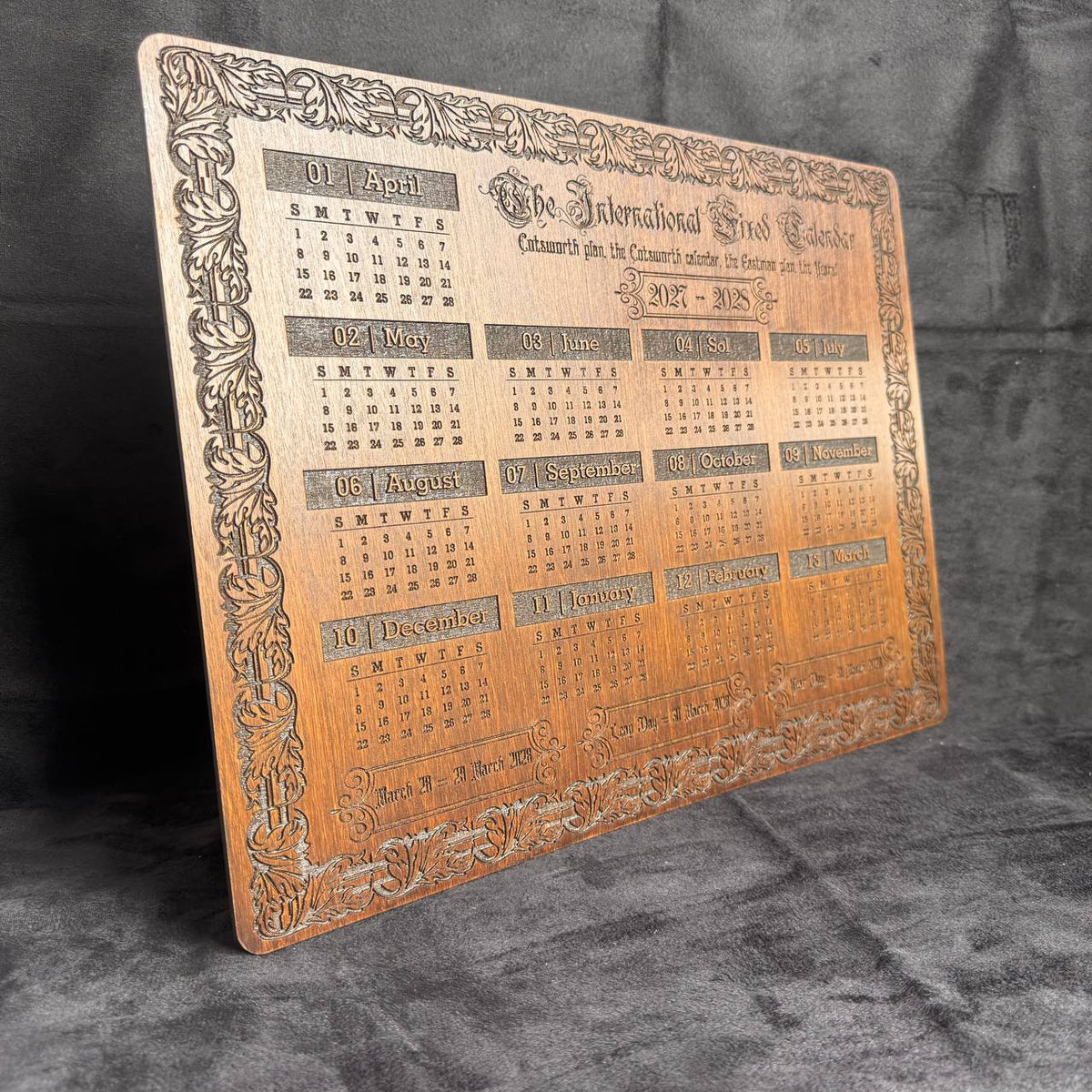 2027–2028 13 Month Calendar, International Fixed Calendar, Wooden Wall Decor